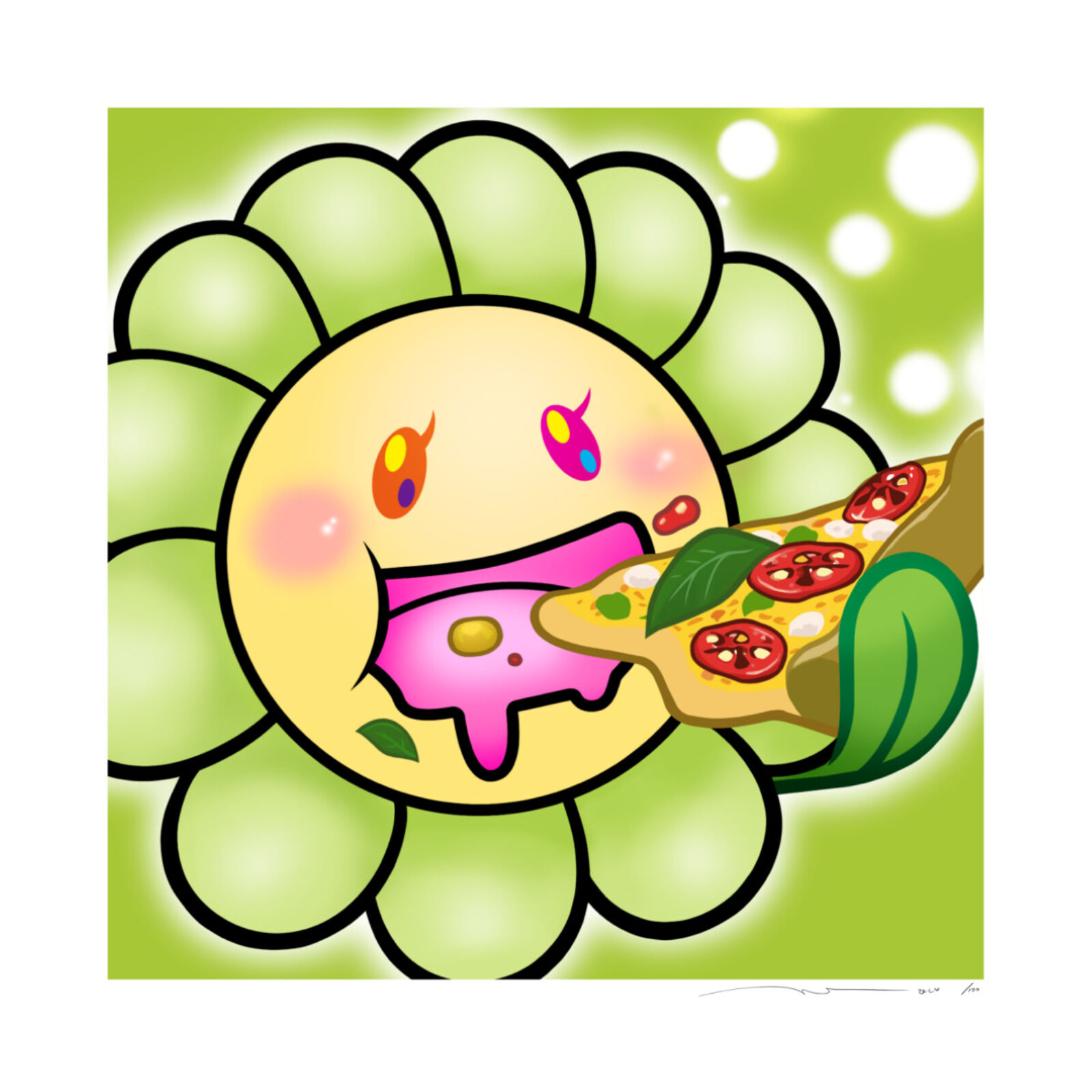 A cartoon flower with a slice of pizza in its mouth.