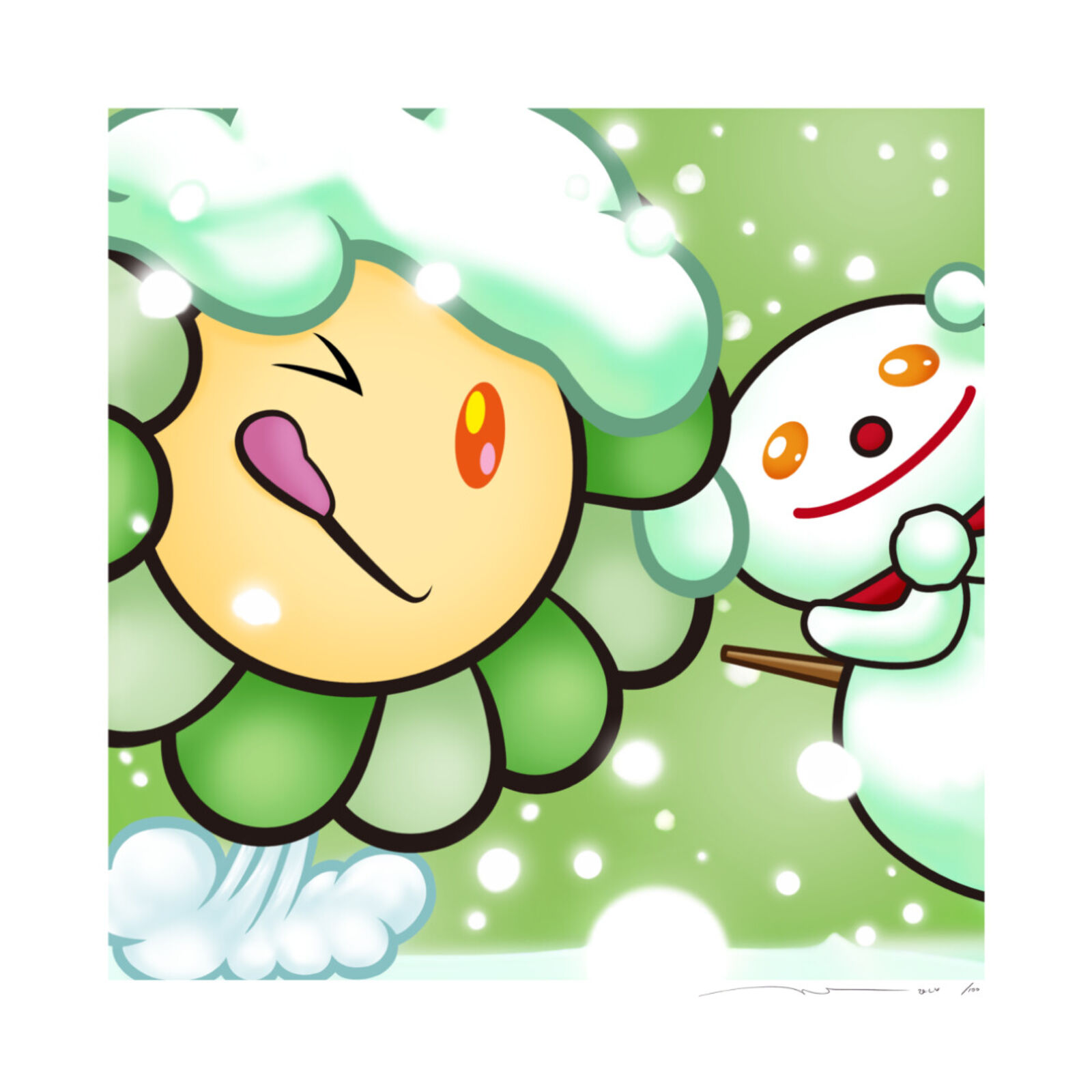 A cartoon of a snowman and a snowflake in the snow.