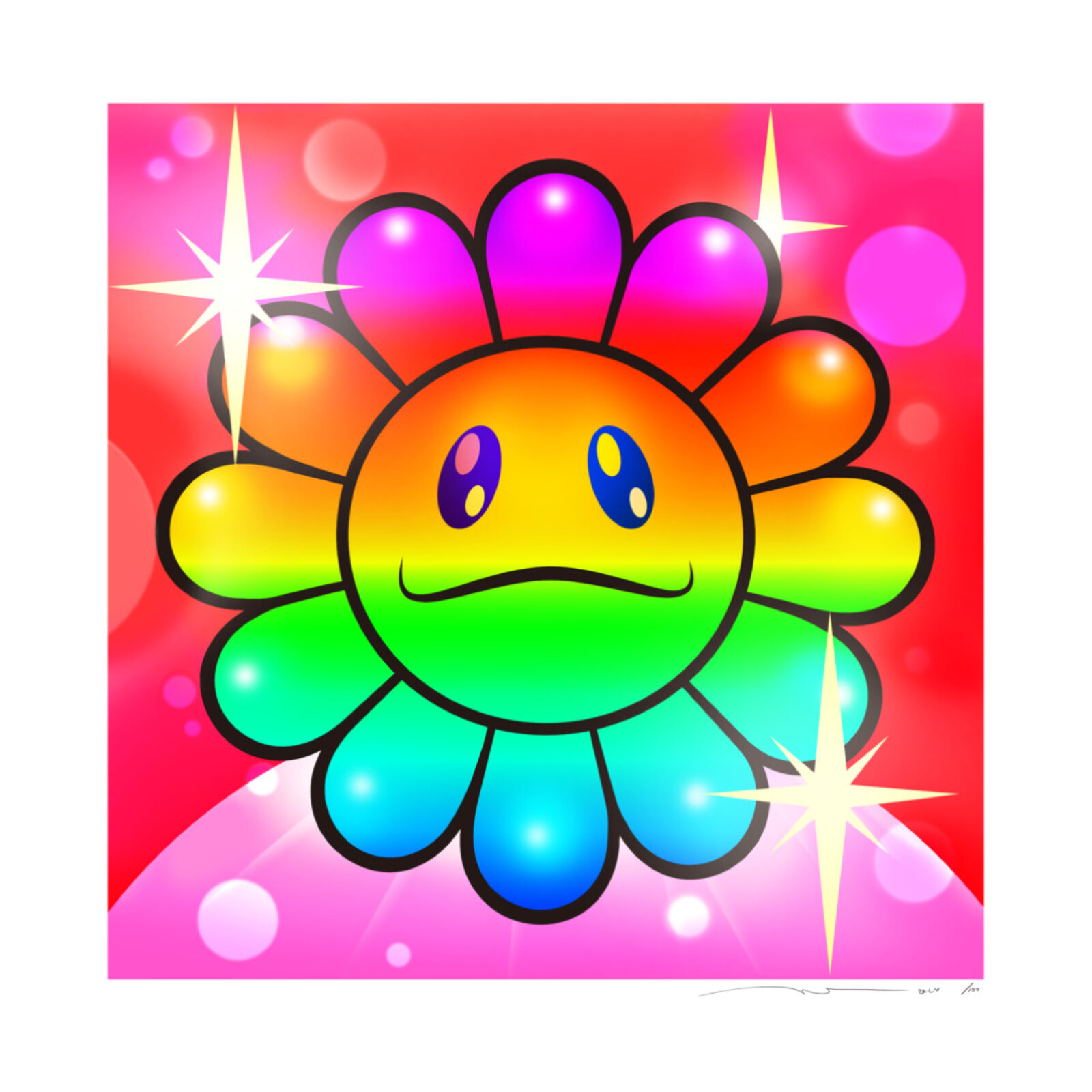 A colorful flower with a smiley face on a pink background.