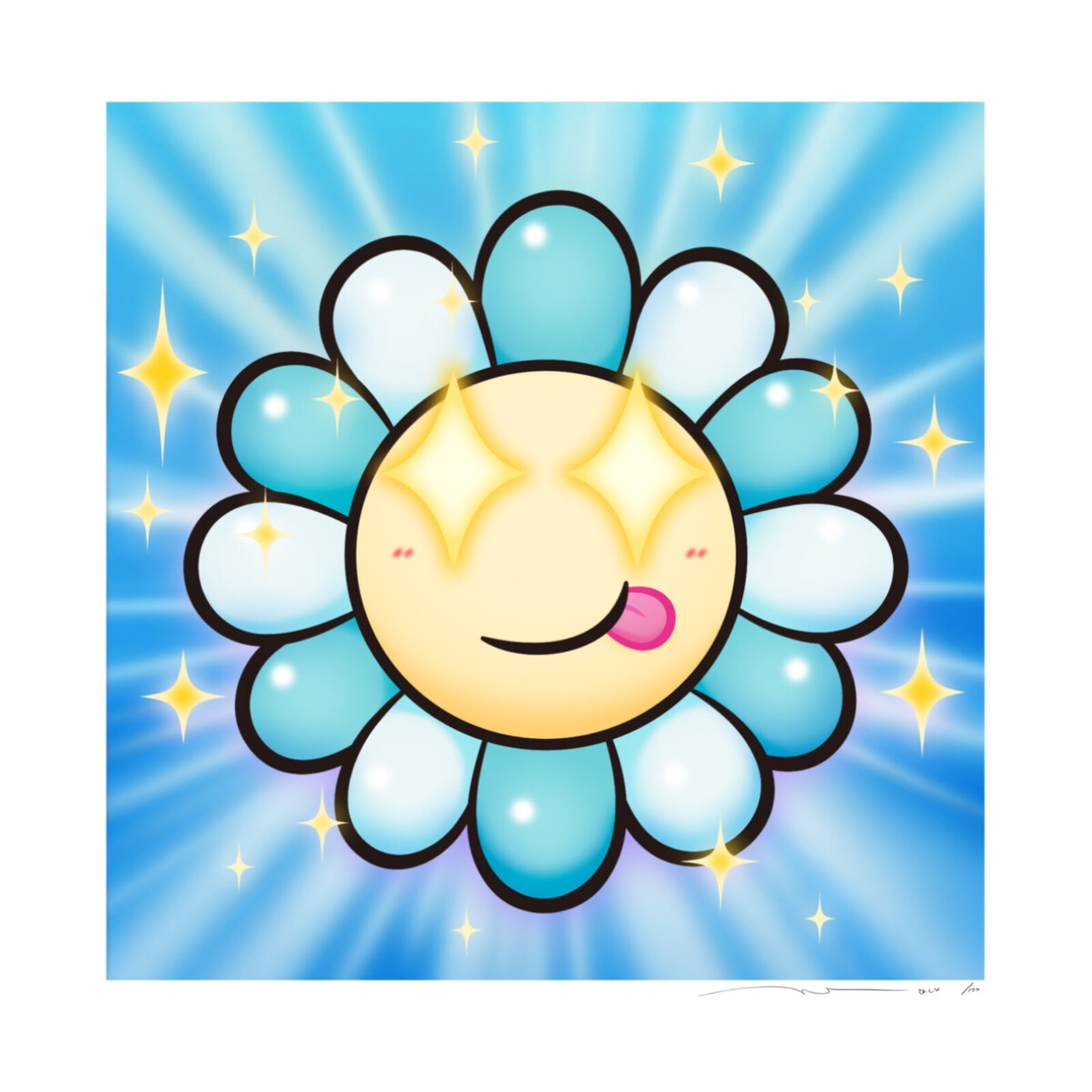 A smiling sun with a smiley face on a blue background.