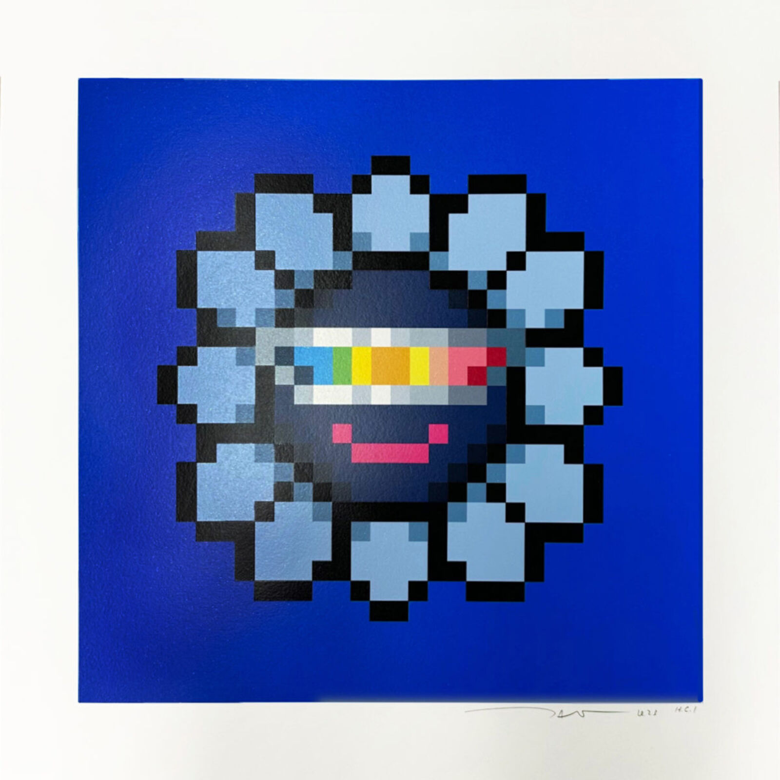 A pixel art of a blue flower with a smiley face.