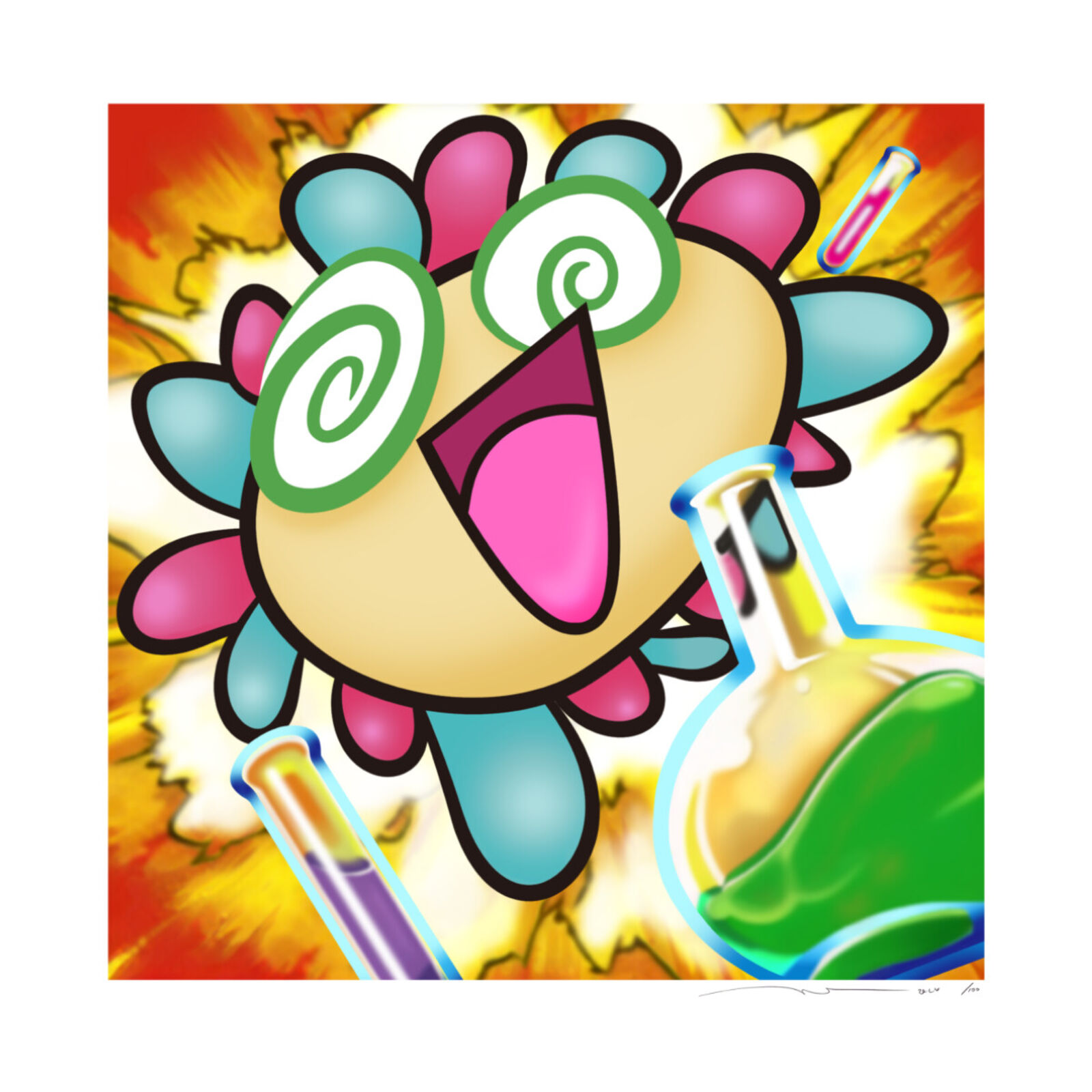 A cartoon flower with a beaker of liquid in it.