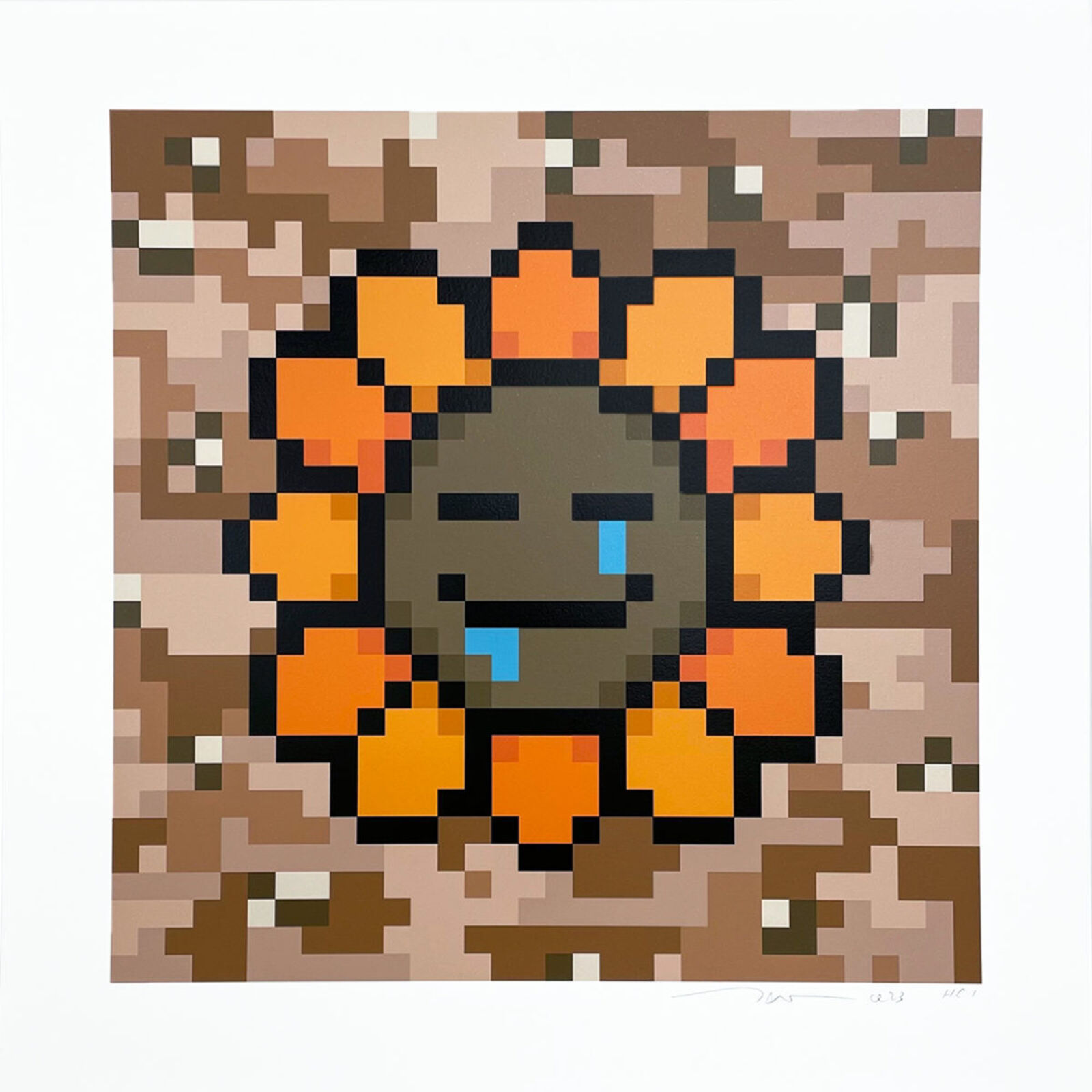 A pixel art of a smiling sun with a smiley face.