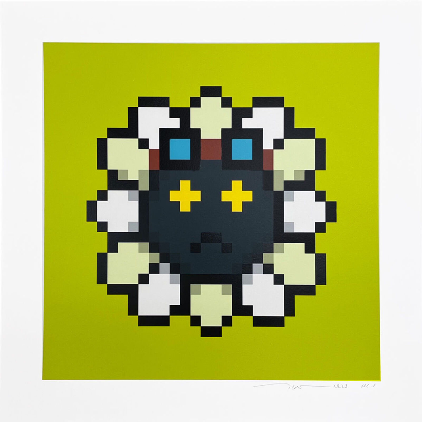 A pixel art piece of a black and white flower on a green background.