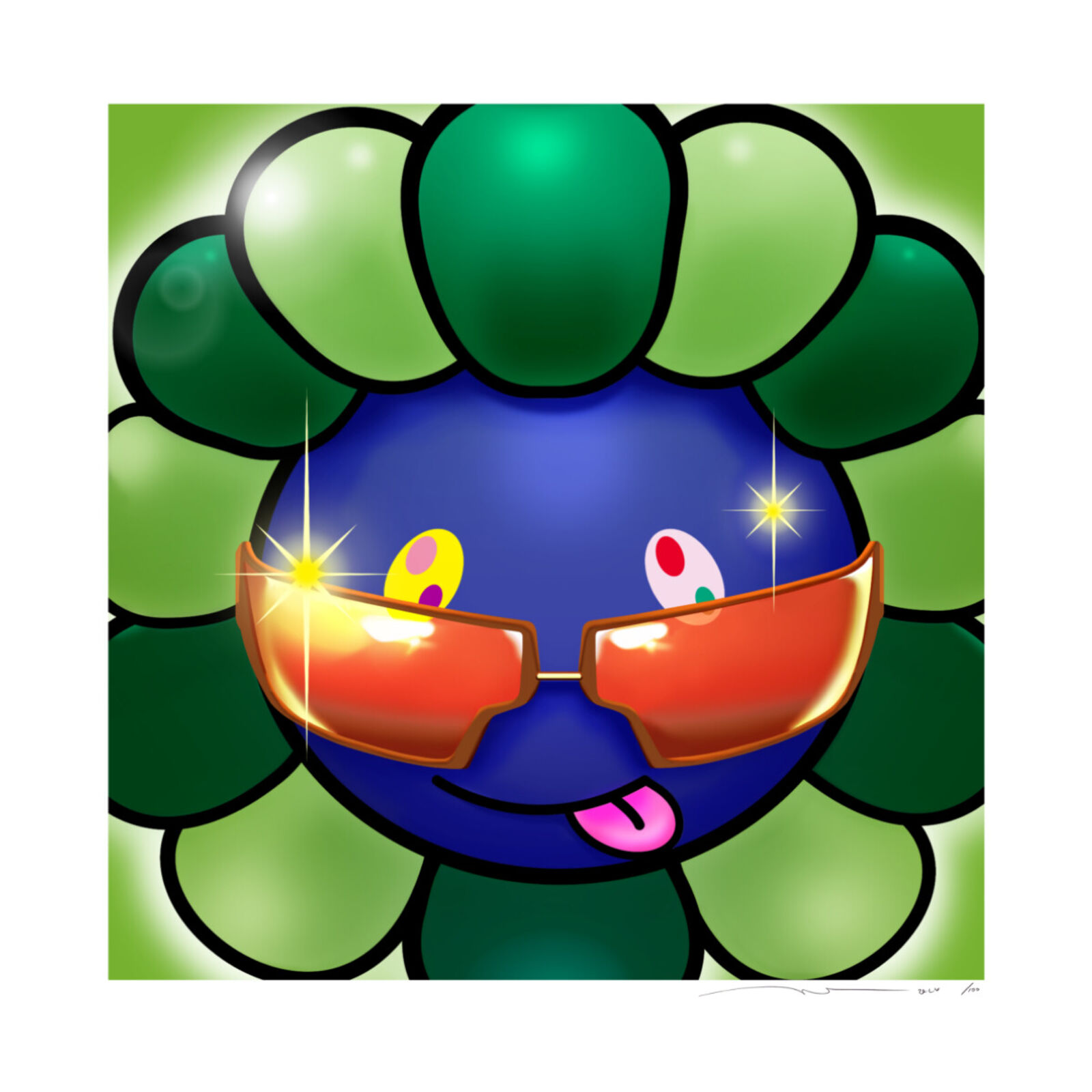 A blue ball wearing sunglasses with a green background.