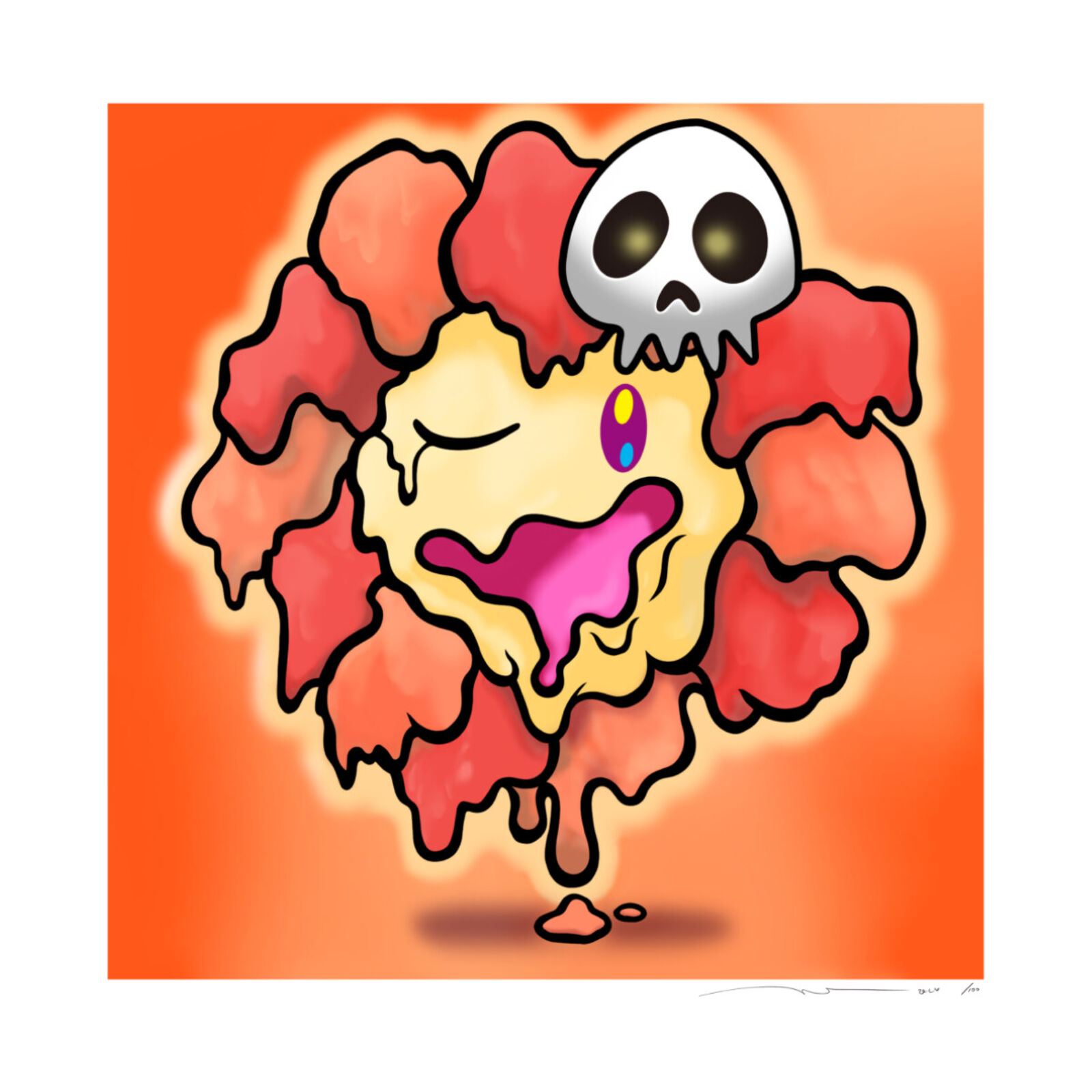 A drawing of a skull and a flower with a smiley face.