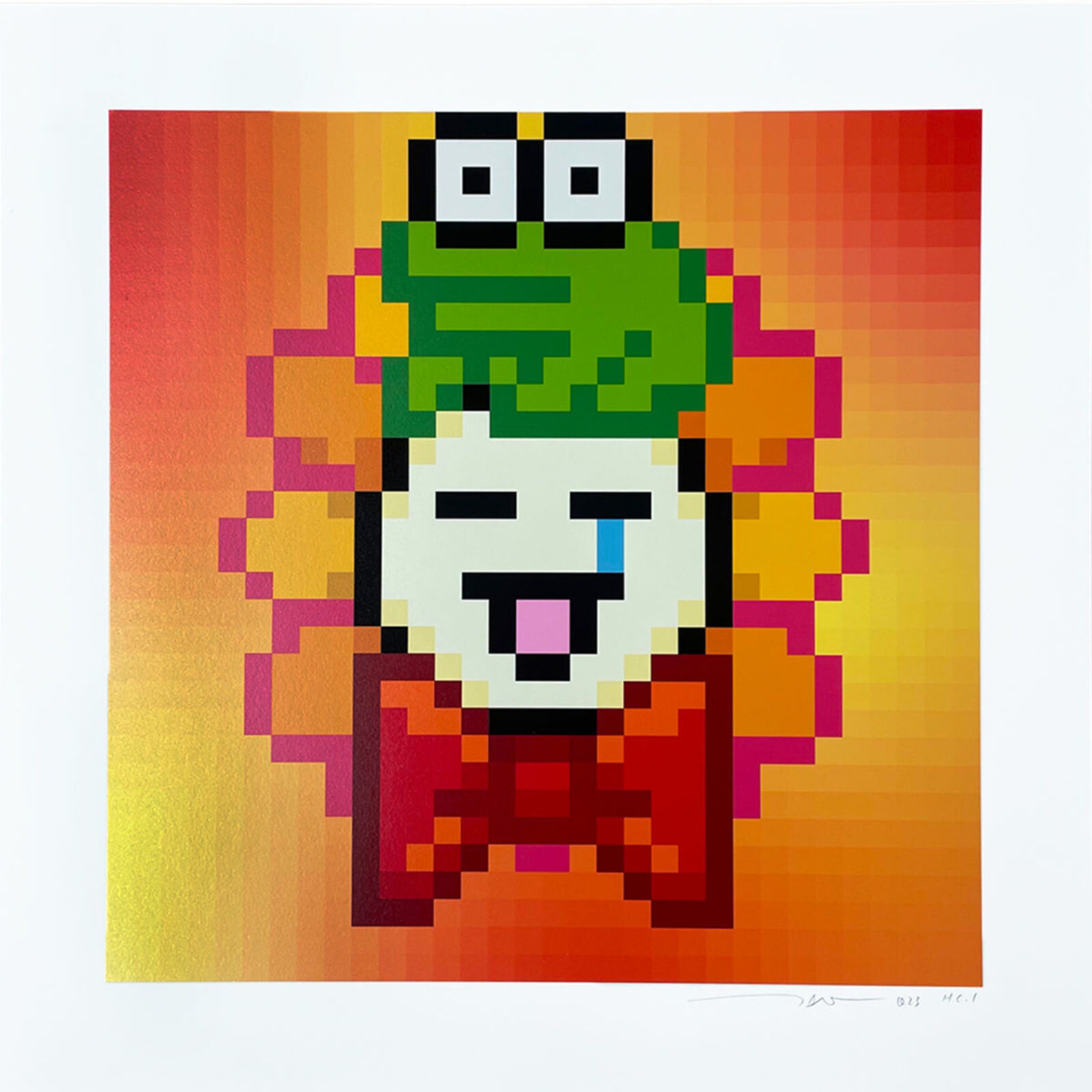 A pixel art of a frog wearing a red bow tie.