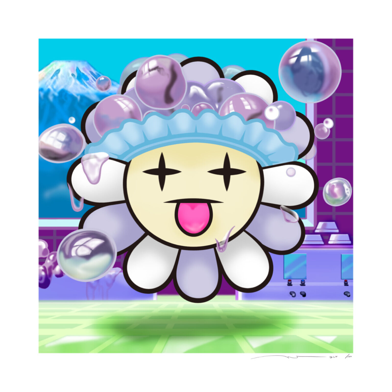 Artwork by Takashi Murakami, Murakami.Flower #1480 Shampoo Hat, Made of Archival Pigment Print + Silkscreen 