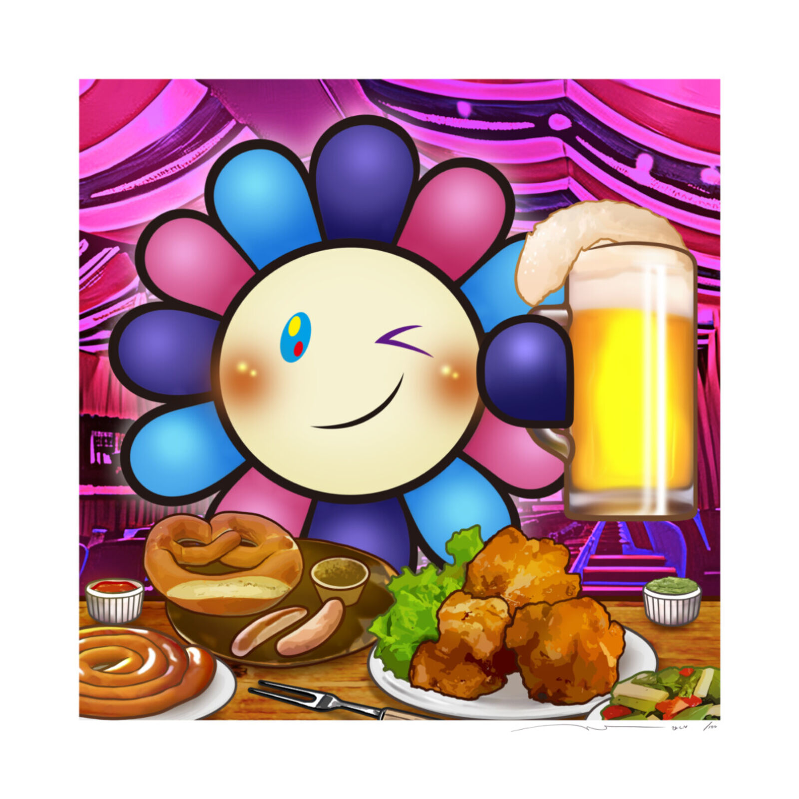 A cartoon flower holding a glass of beer next to a plate of food.