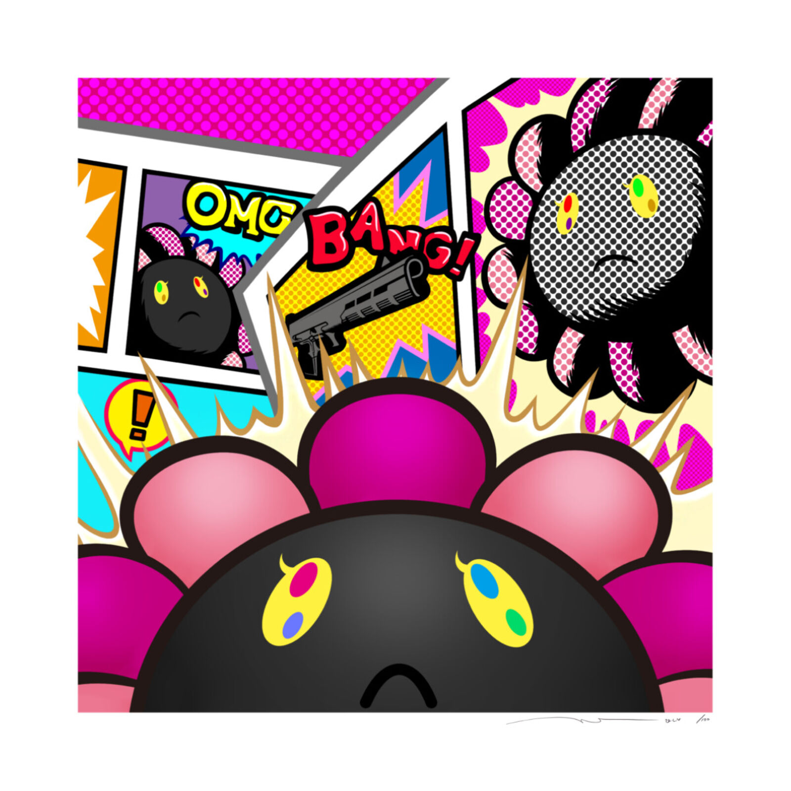 A black cat with a gun in its mouth in a comic book.