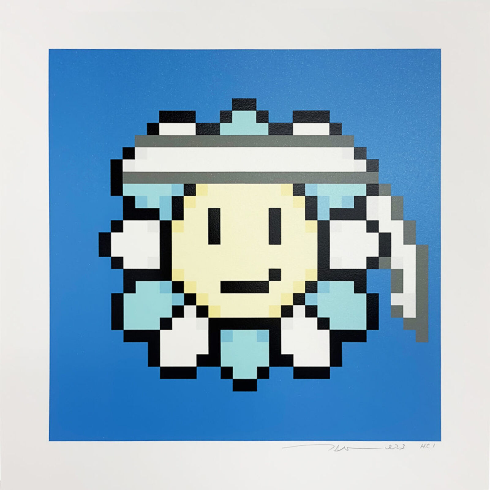 A pixel art of a smiling face wearing a hat.