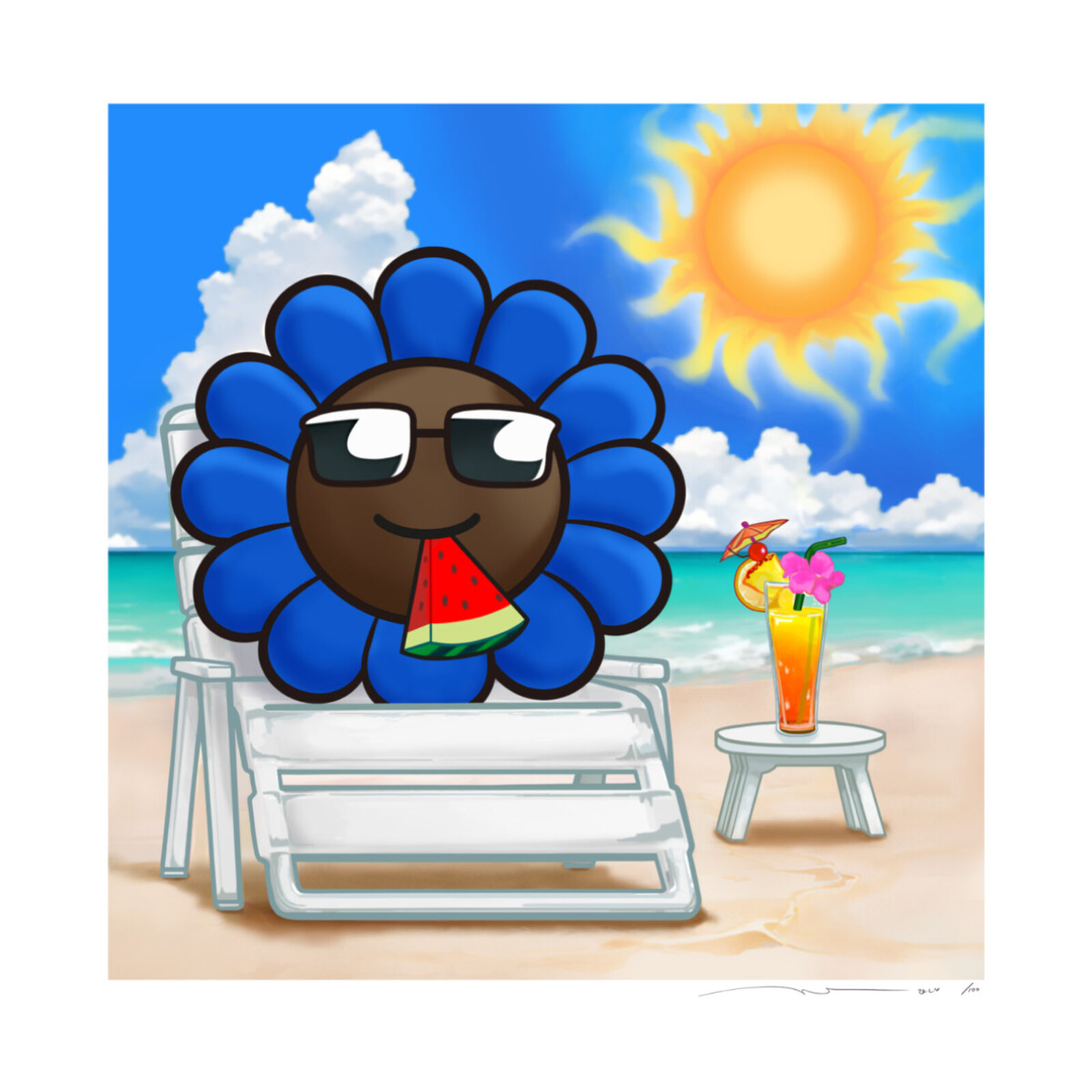 A cartoon sunflower sitting on a beach chair with a drink and a slice of watermelon.