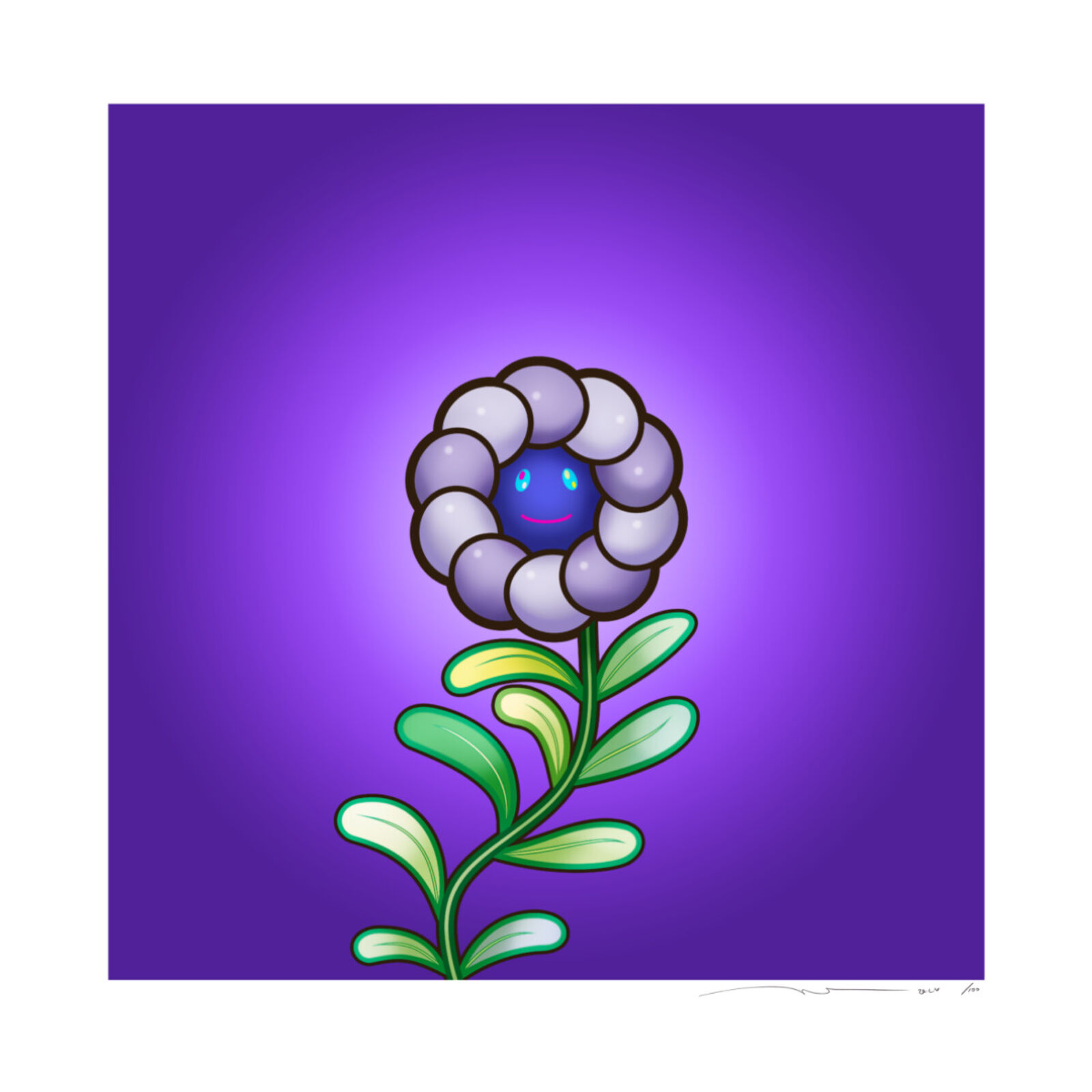 A purple flower with a smiley face on it.