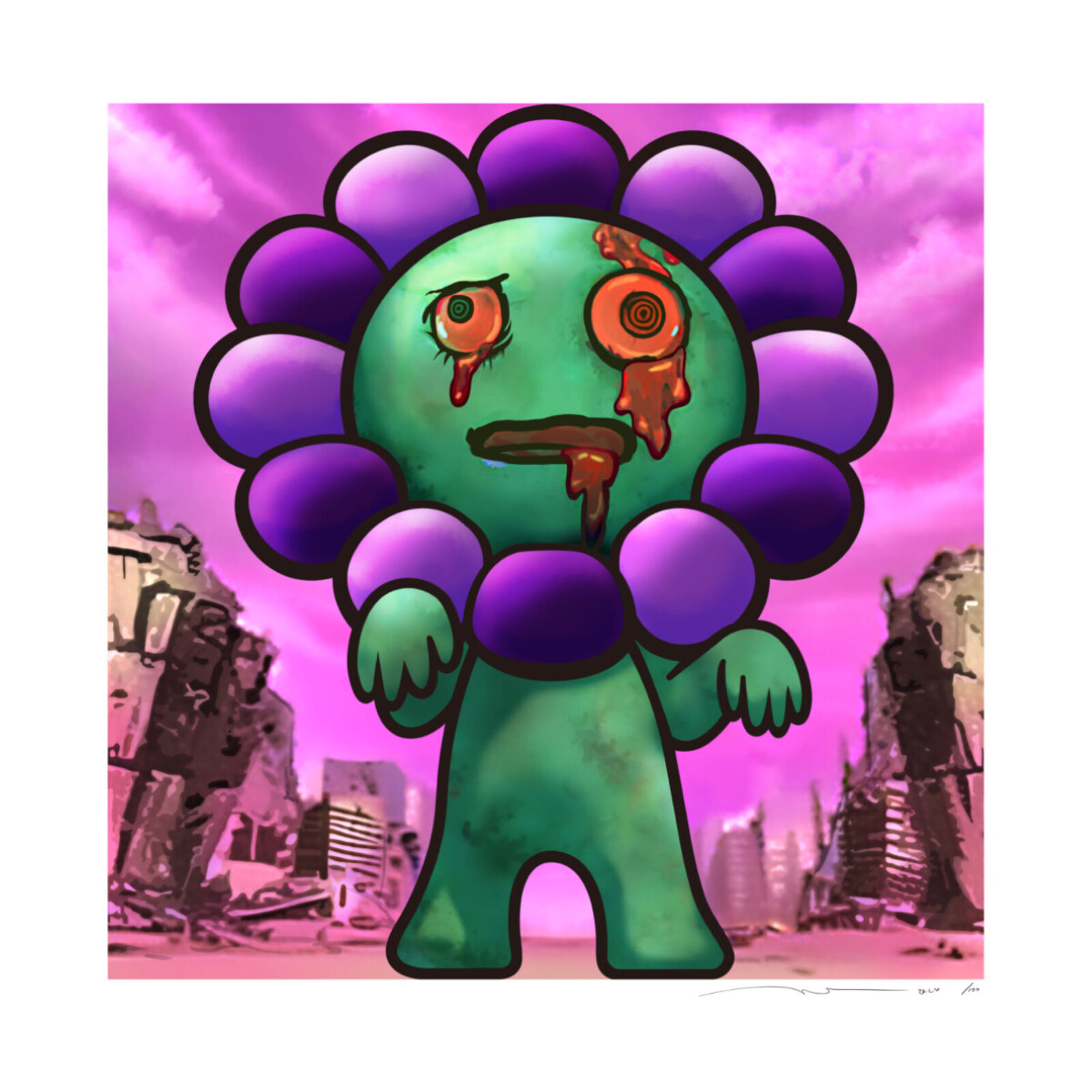A green and purple monster with a bloody face in the middle of a city.