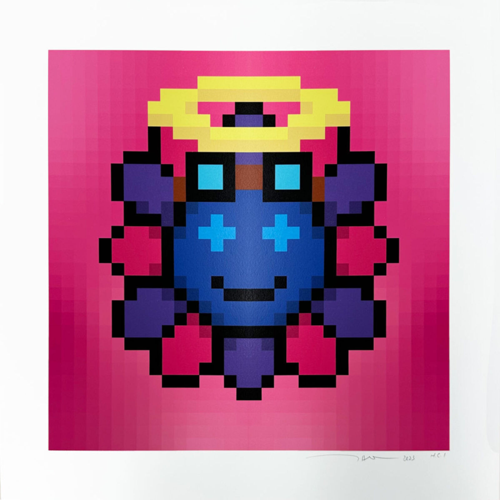 A pixel art of a blue and purple robot with a crown on its head.