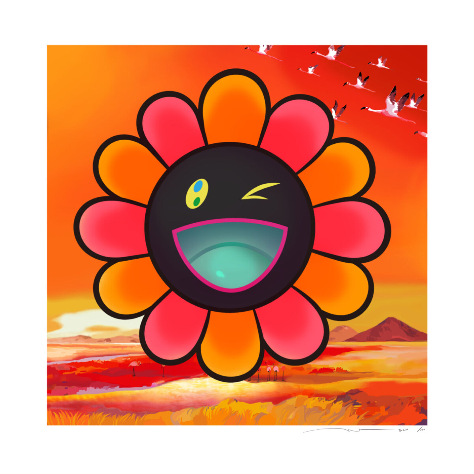 A flower with a smiley face in the middle of a field.