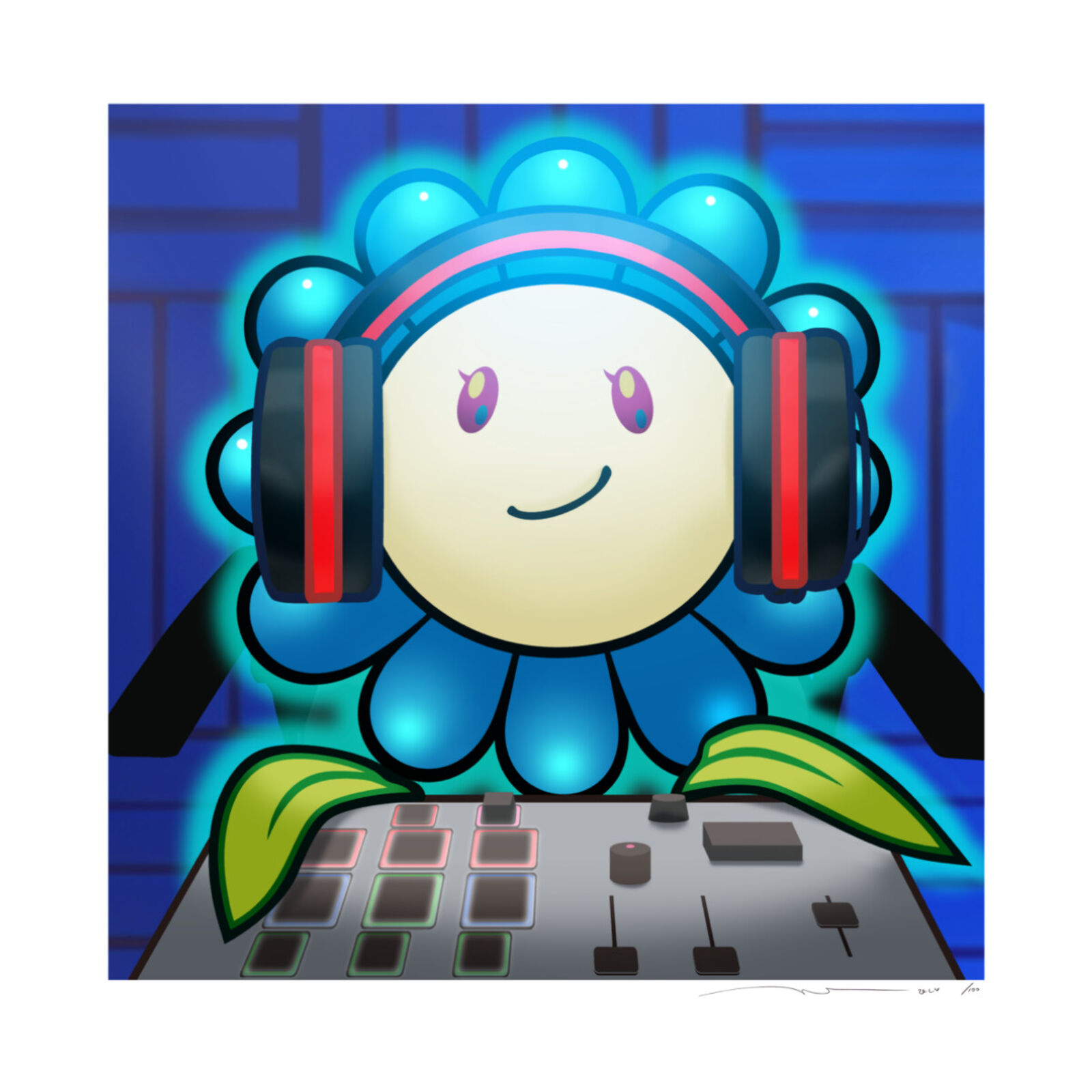 A cartoon flower with headphones sitting on top of a keyboard.
