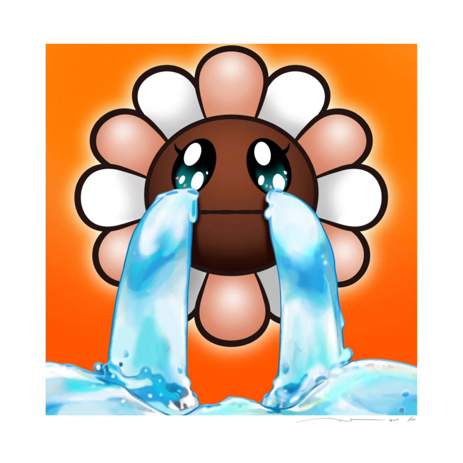 A cartoon flower crying in the water. 