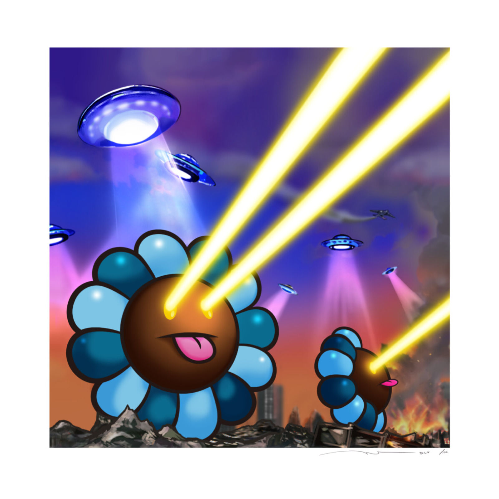 A drawing of a flower with a laser beam coming out of it.