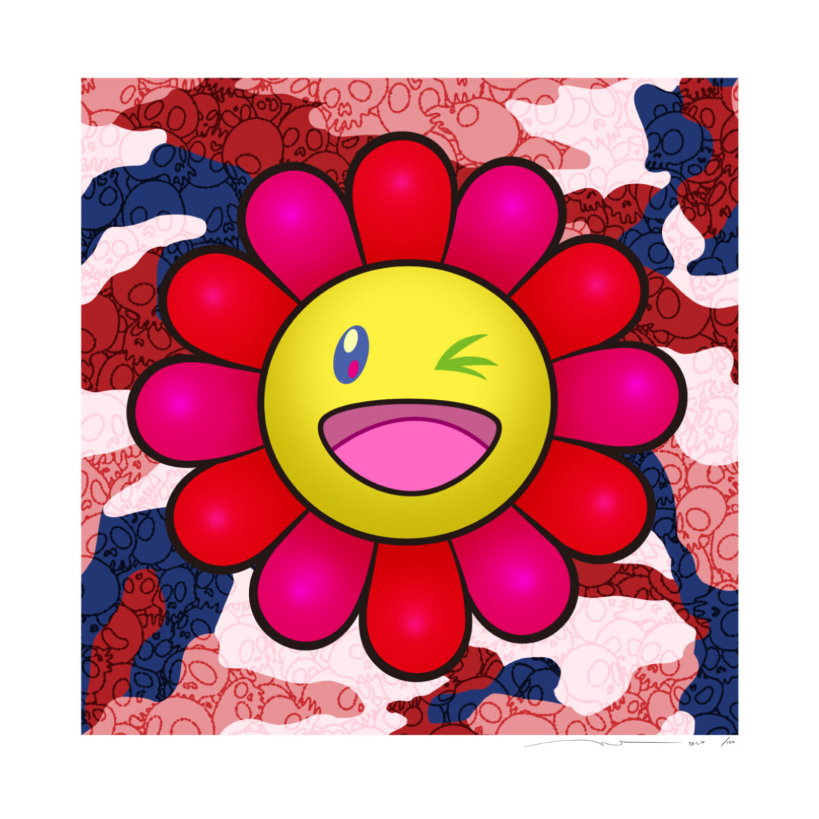 A pink flower with a smiley face on it.