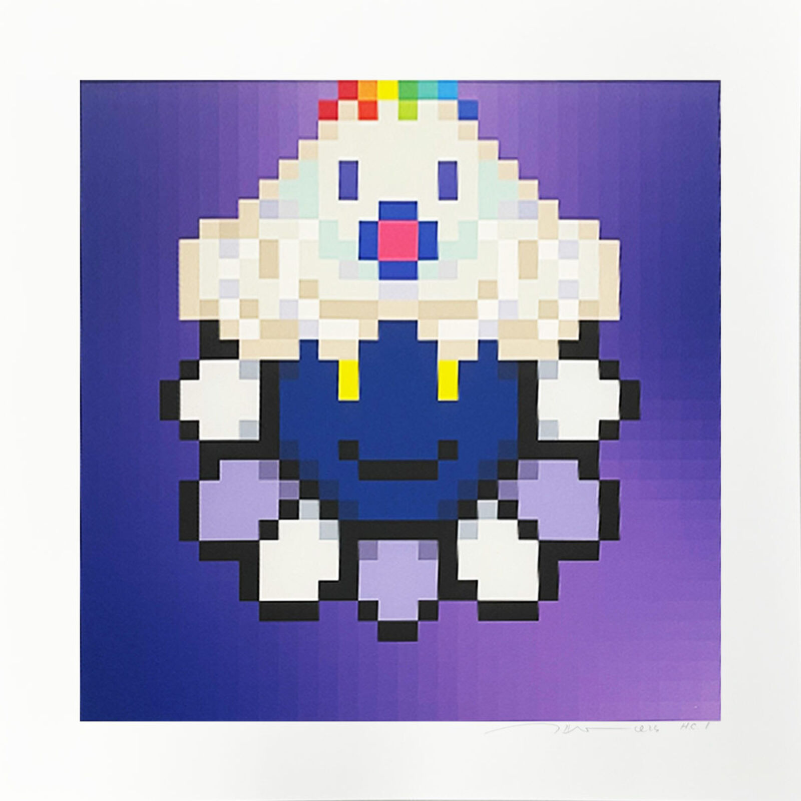 A pixel art of a cupcake with a rainbow on top.