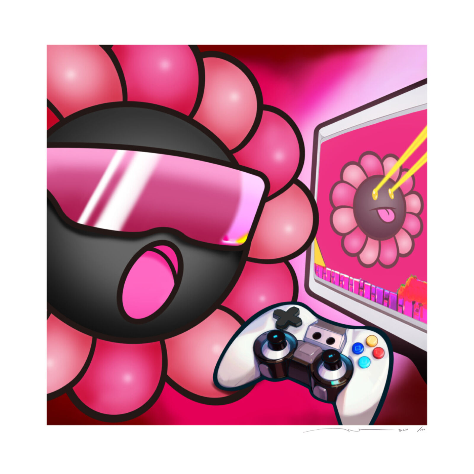 A pink flower with a video game controller in front of a computer.