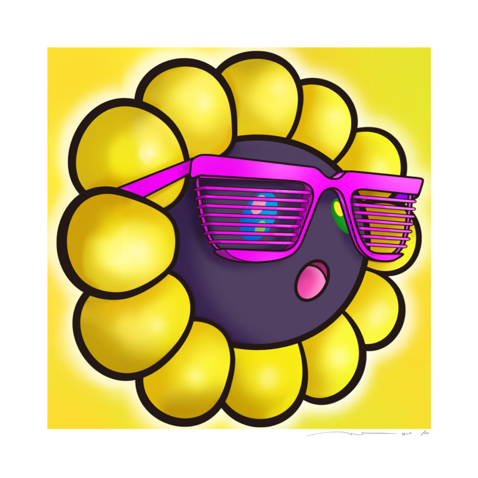 A drawing of a sunflower wearing sunglasses on a yellow background.