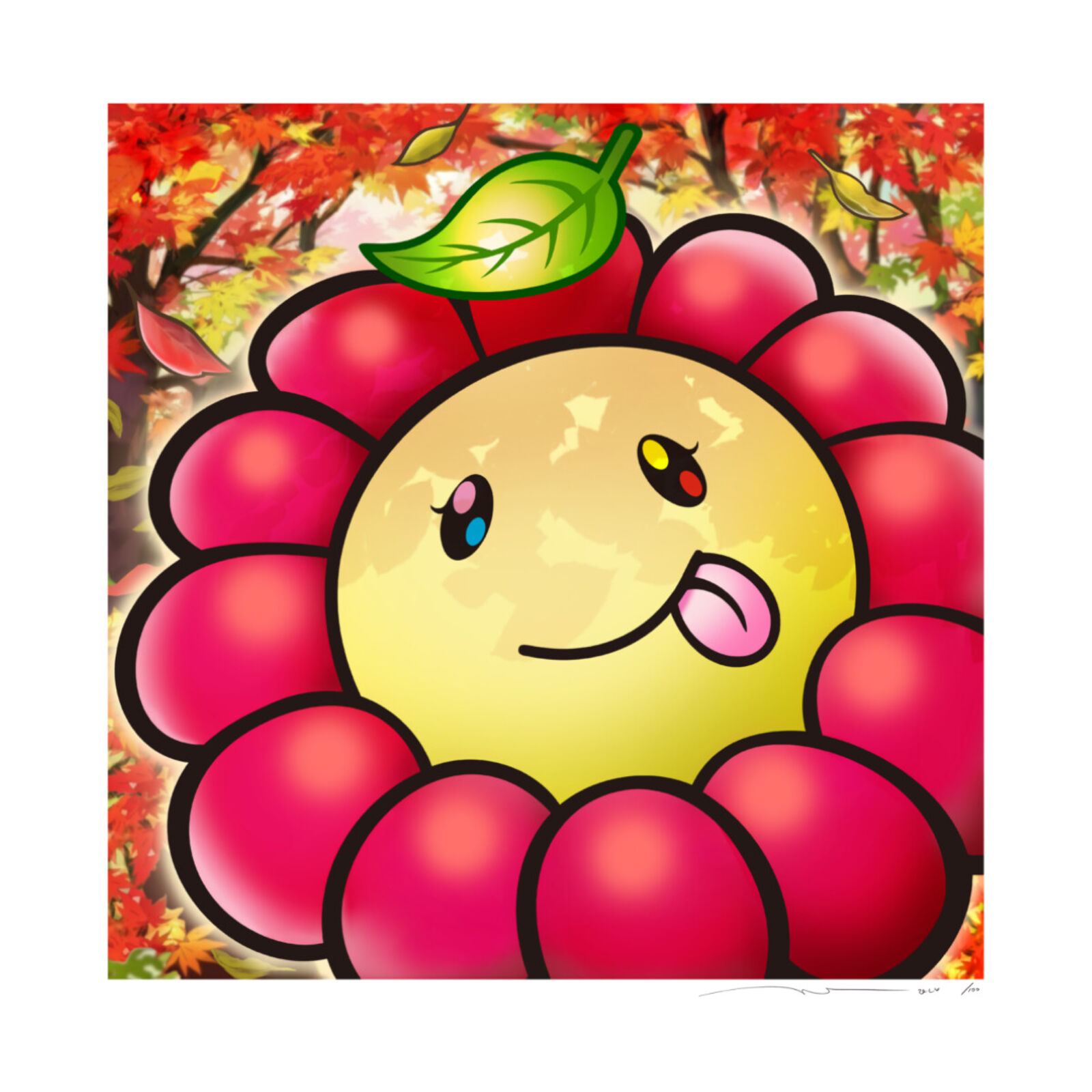 A smiley face with a leaf sticking out of it's mouth.