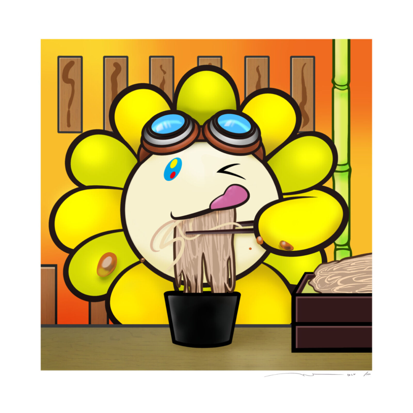 A drawing of a flower with goggles and a bowl of noodles.