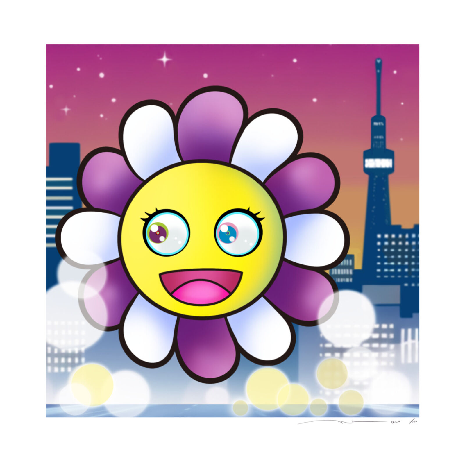 A cartoon flower with a smiley face in front of a city skyline.