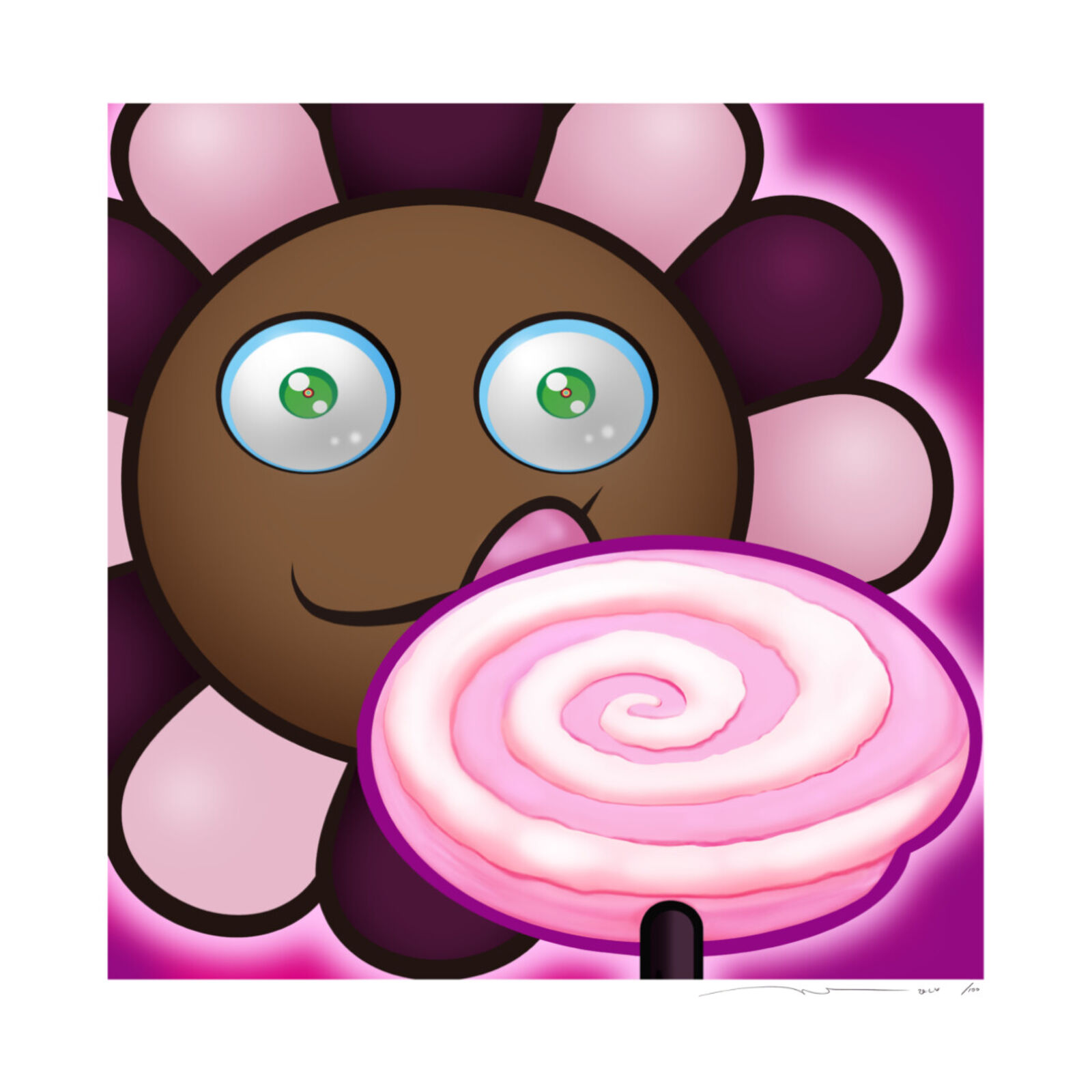 A cartoon flower with a pink lollipop in its mouth.