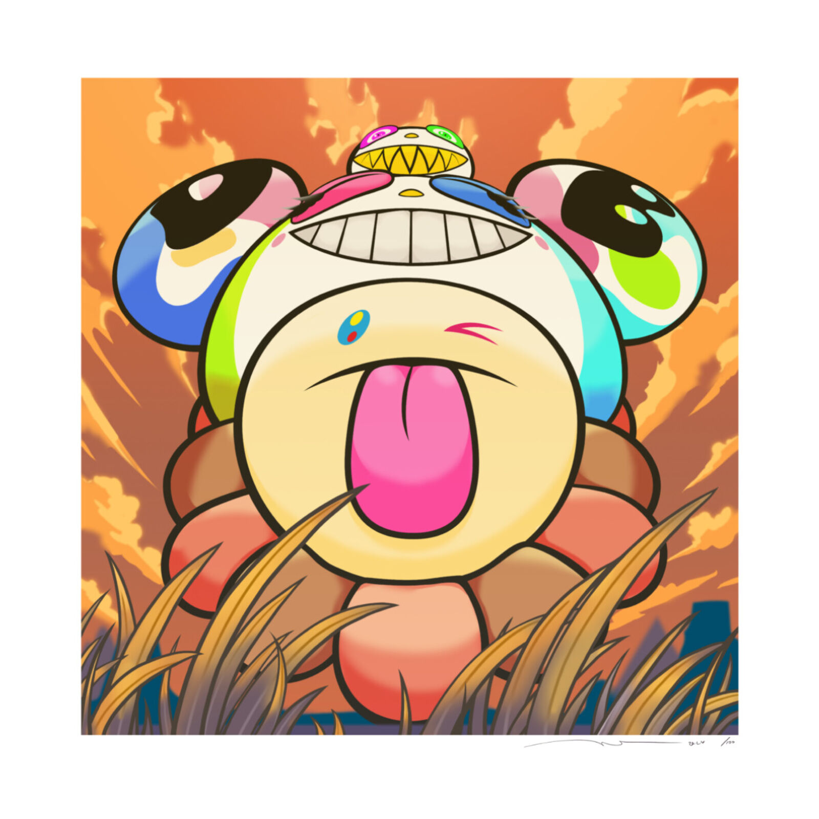 A drawing of a cartoon character sticking out his tongue.