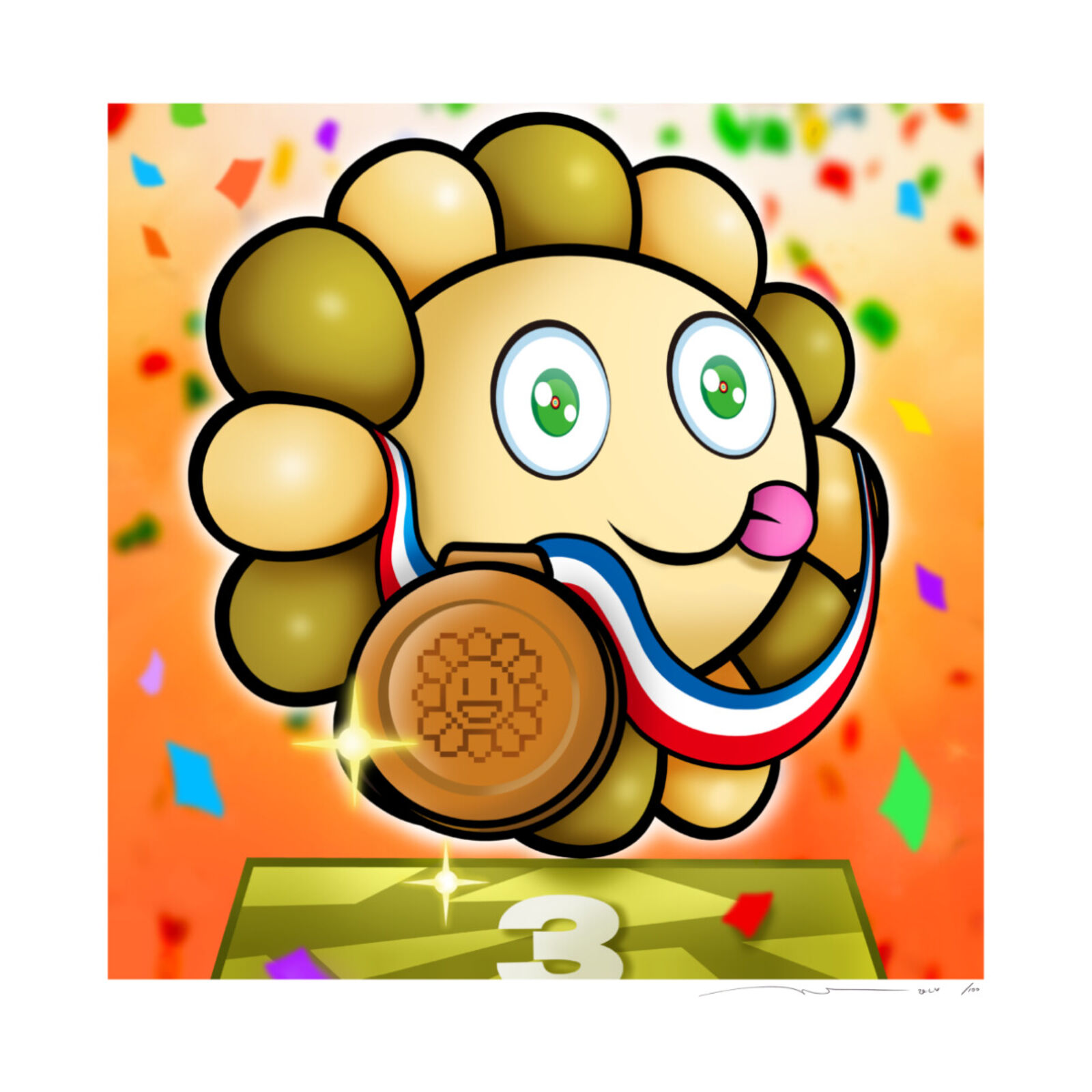 A cartoon lion holding a gold medal on top of a podium.