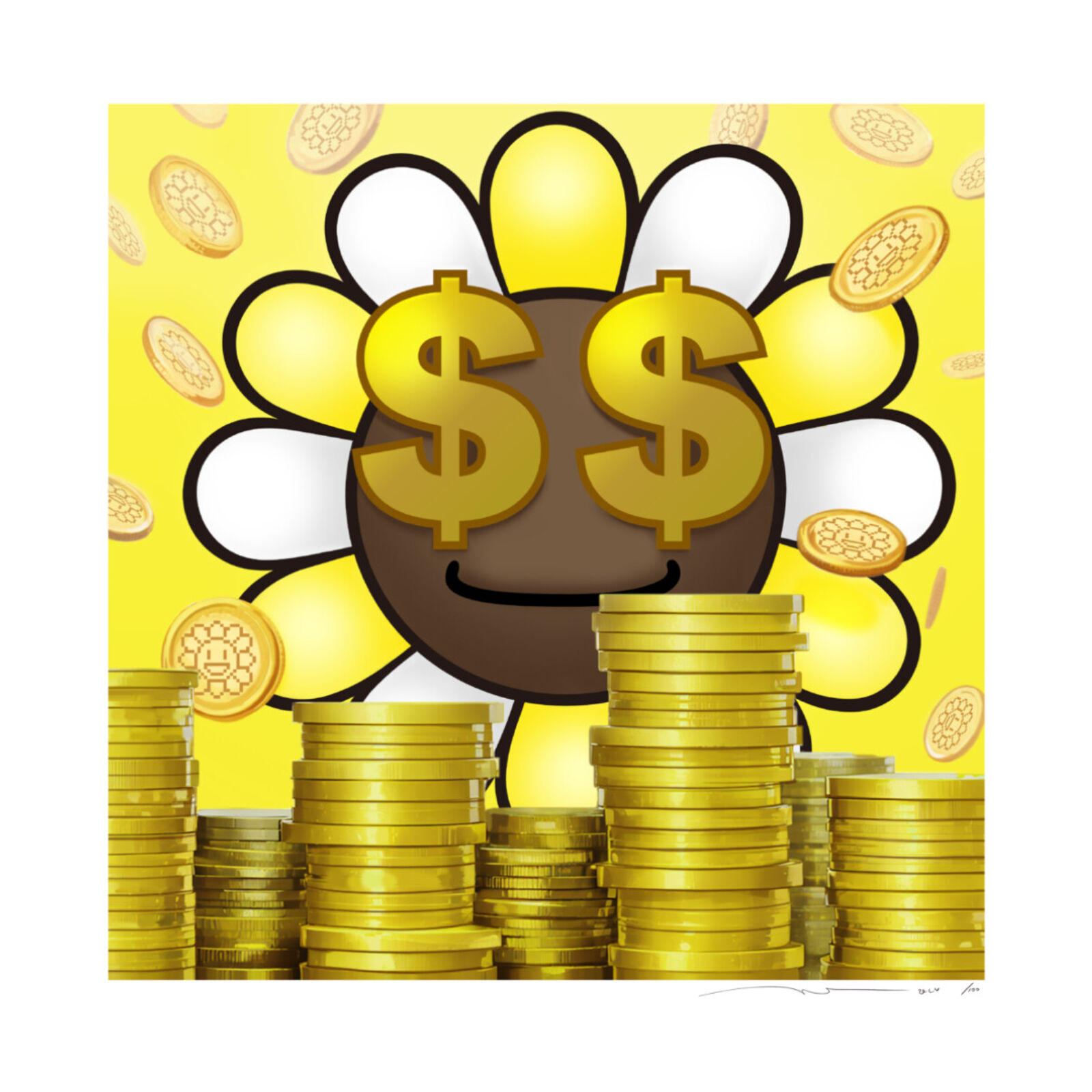A picture of a flower with a dollar sign on top of a pile of coins.