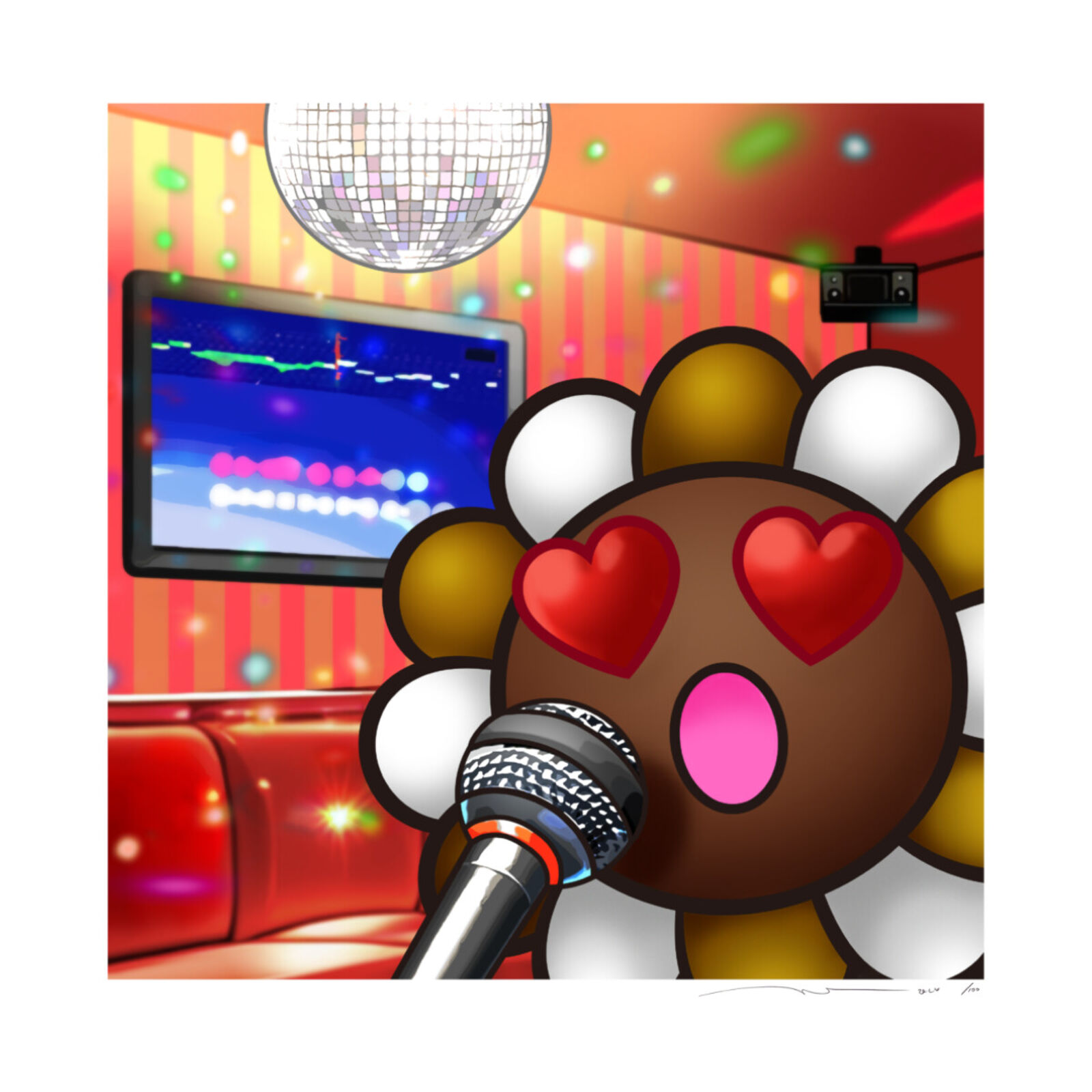 A picture of a teddy bear singing into a microphone in a room.