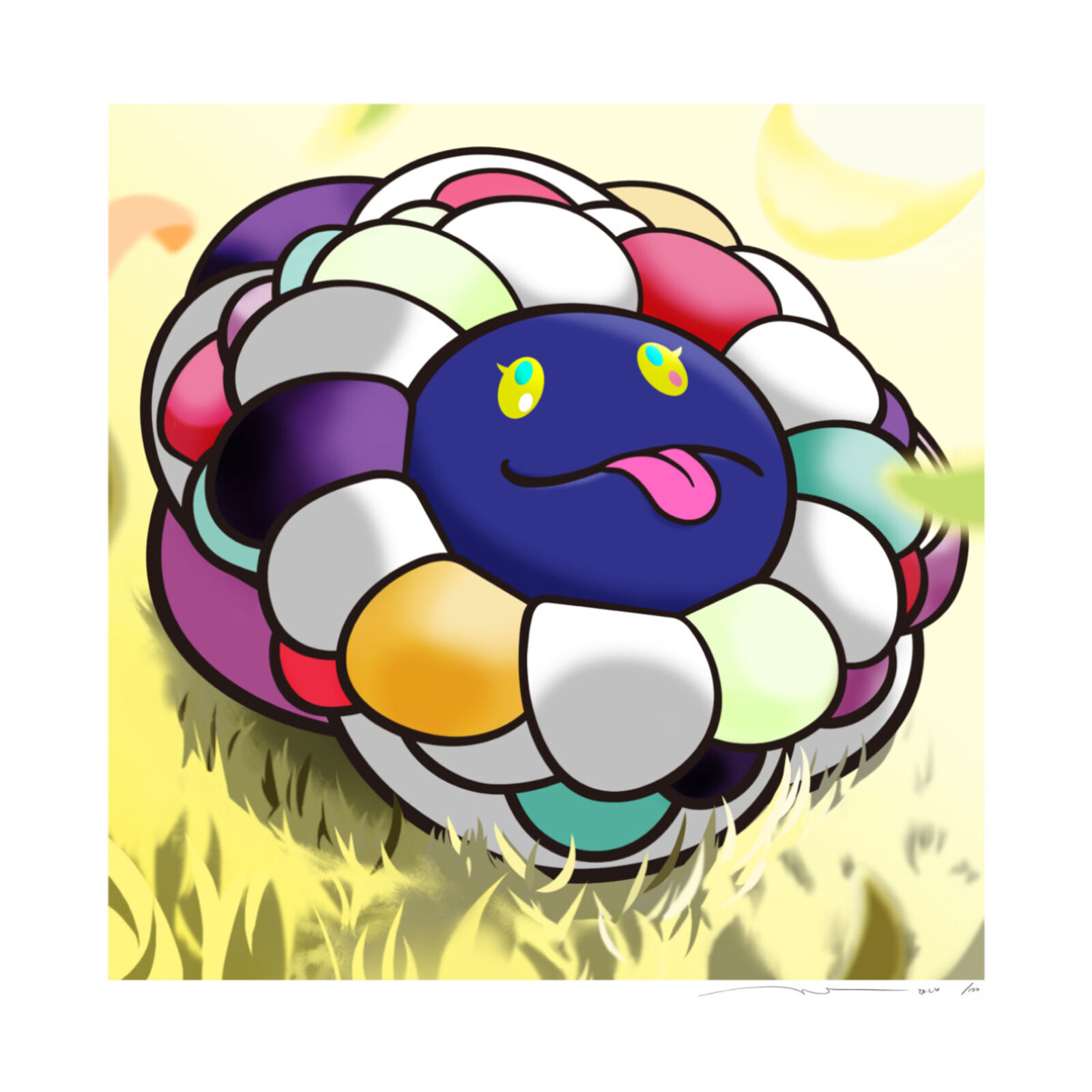 A drawing of a colorful flower with a smiley face.