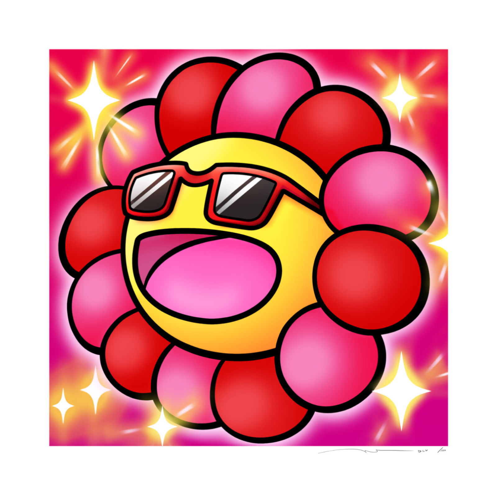 A smiley face with sunglasses on a pink background.