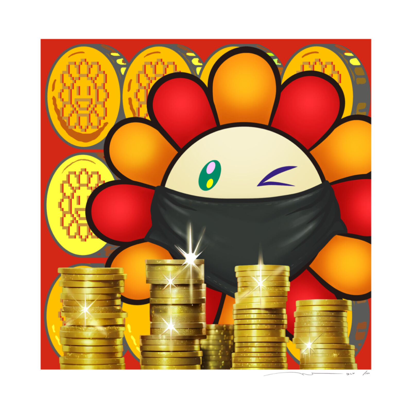 A cartoon character with a black bandana on top of a pile of gold coins.