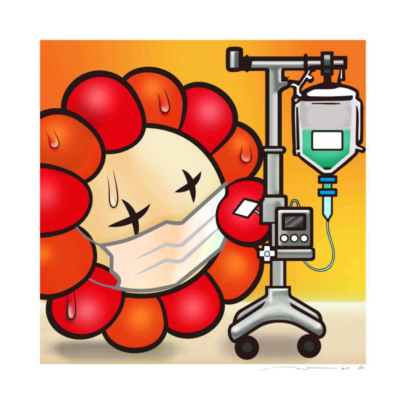 A cartoon of a woman in a hospital bed with an iv drip.