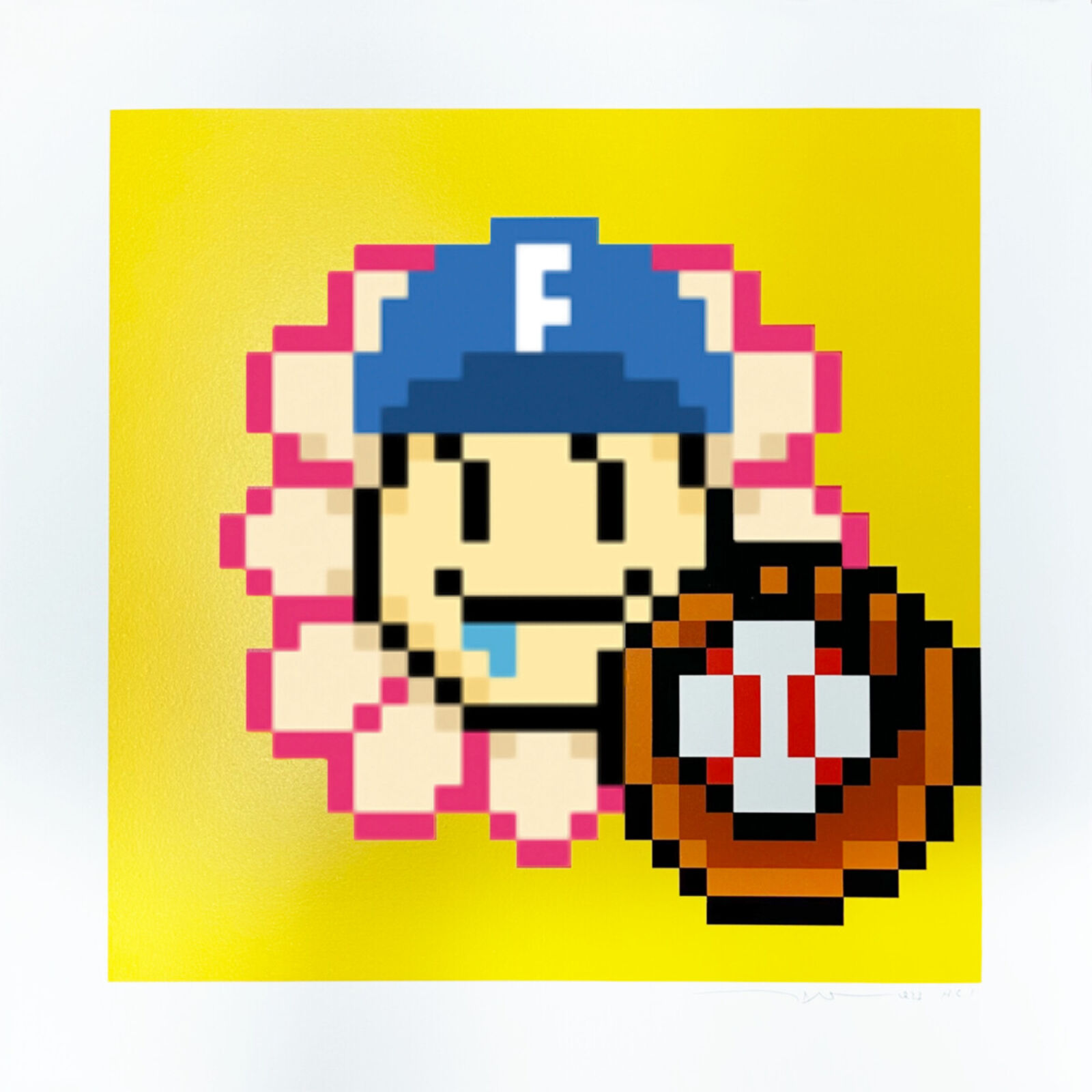 A pixel art of a person holding a baseball glove.