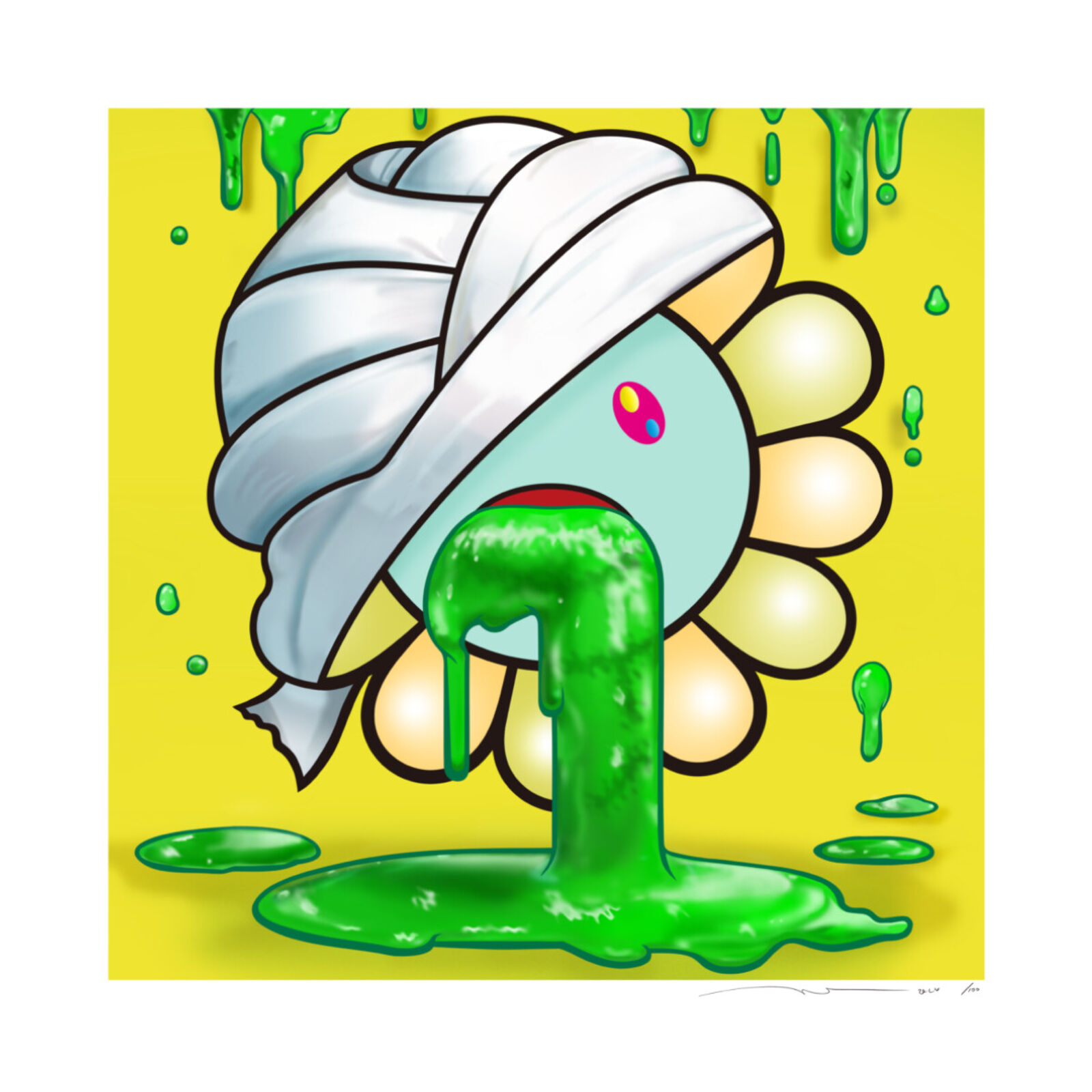 A drawing of a flower with a towel wrapped around its head.