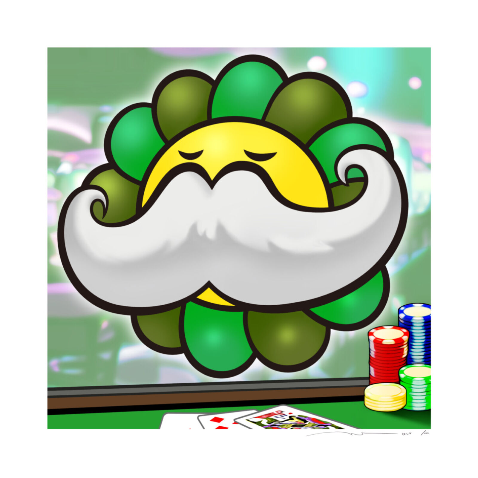 A cartoon of a cloud with a mustache and a smiley face.