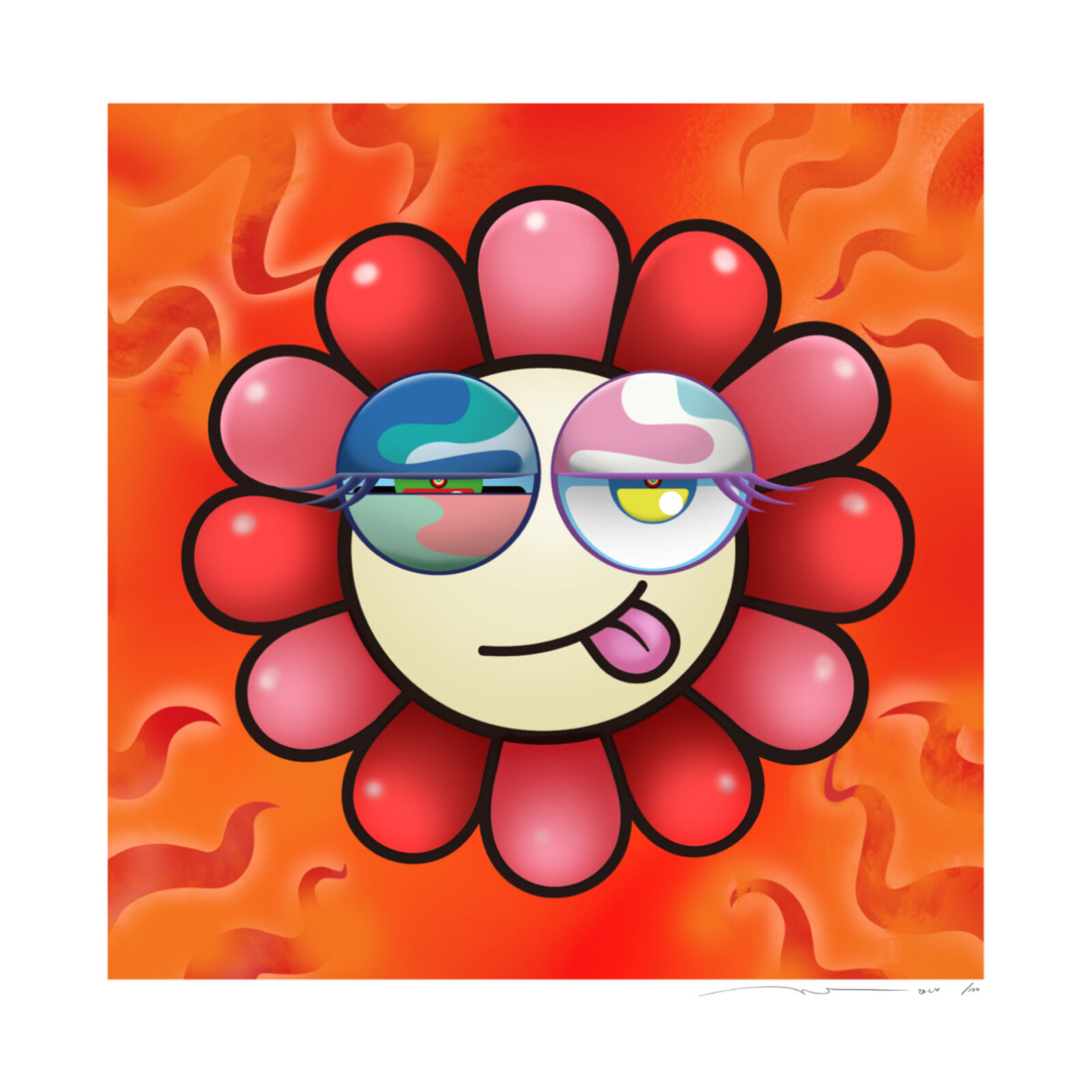 A cartoon flower with sunglasses sticking out its tongue.