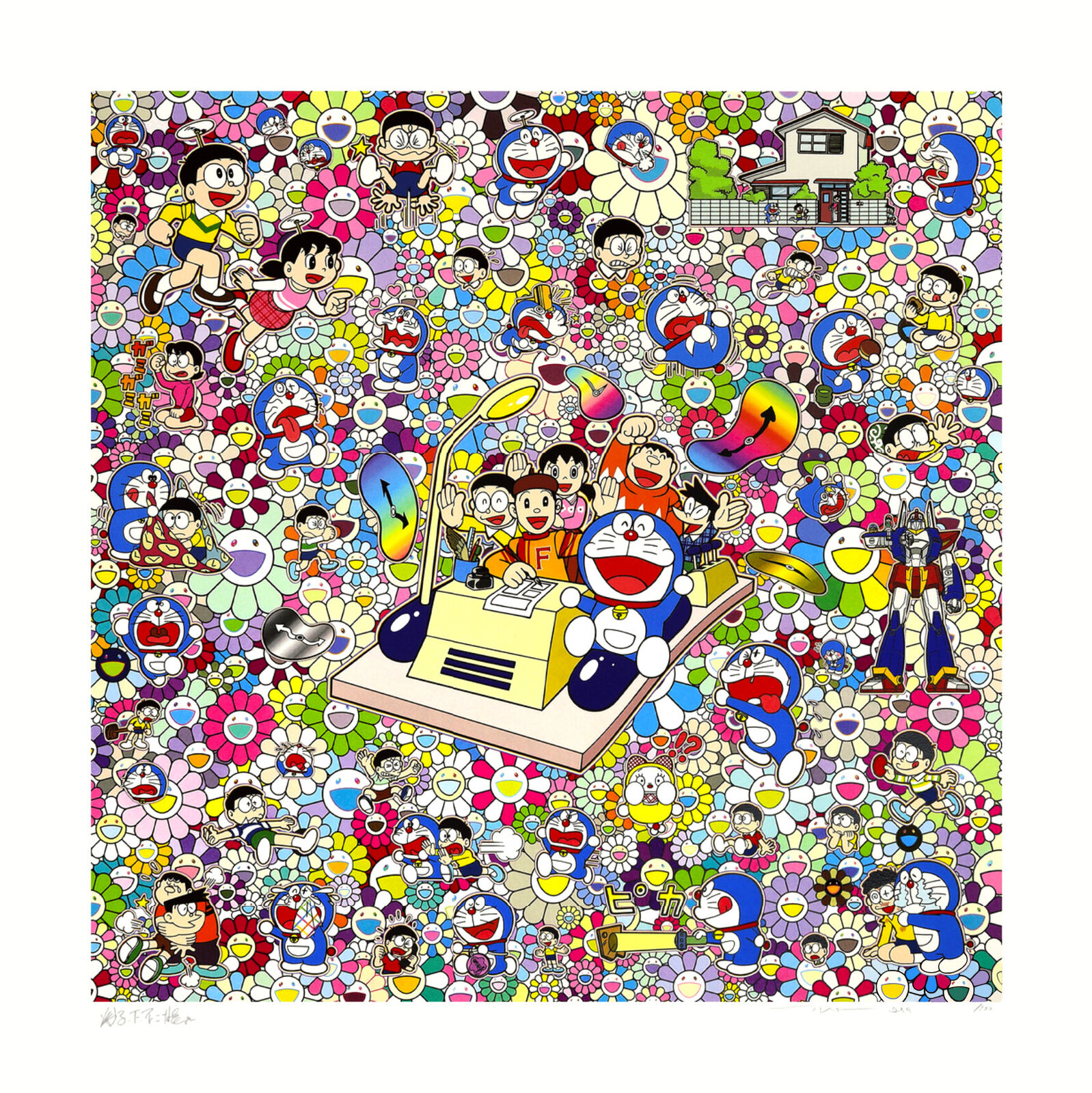 A large group of cartoon characters in a room full of flowers.