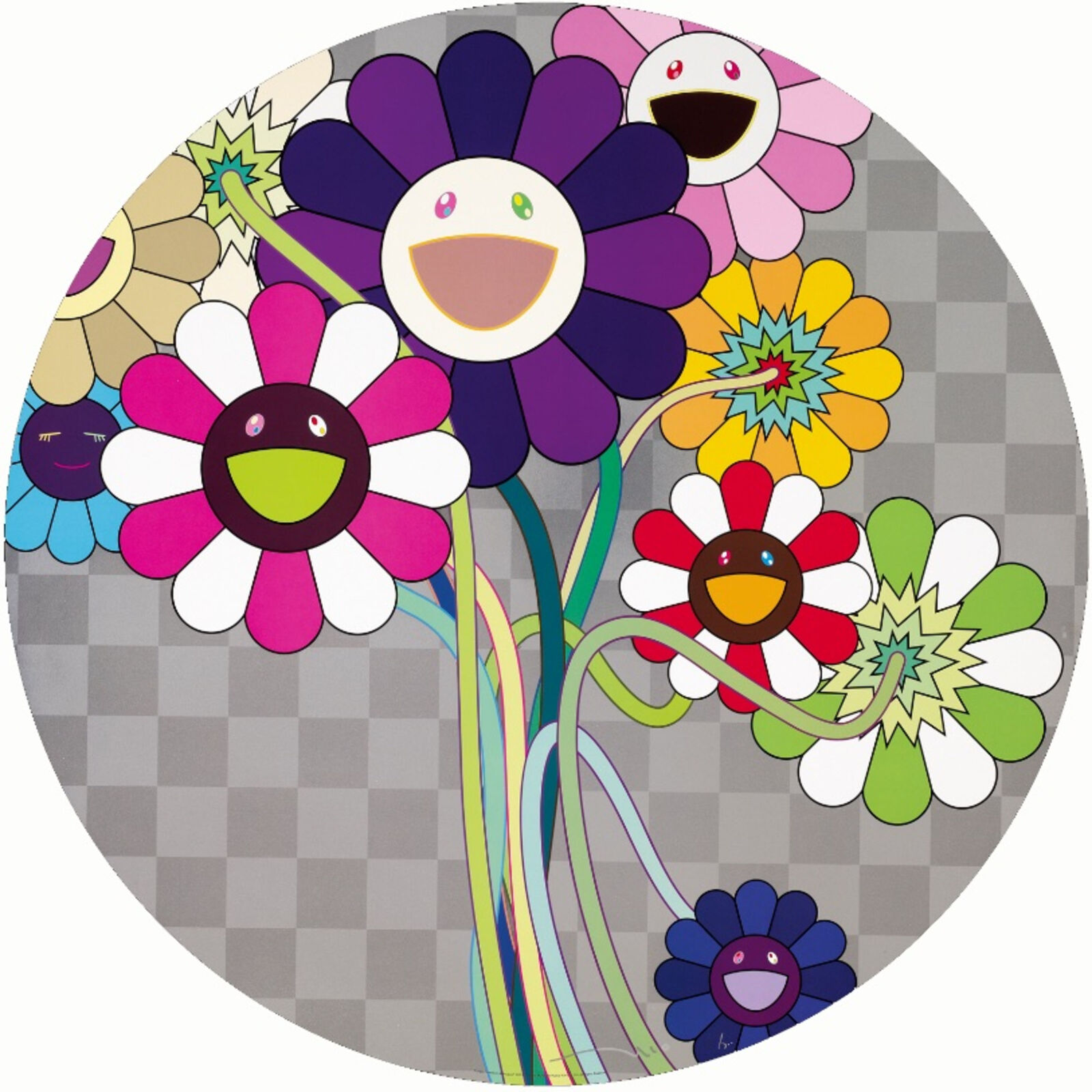 A colorful bouquet of stylized flowers with smiling faces arranged in a circular composition.