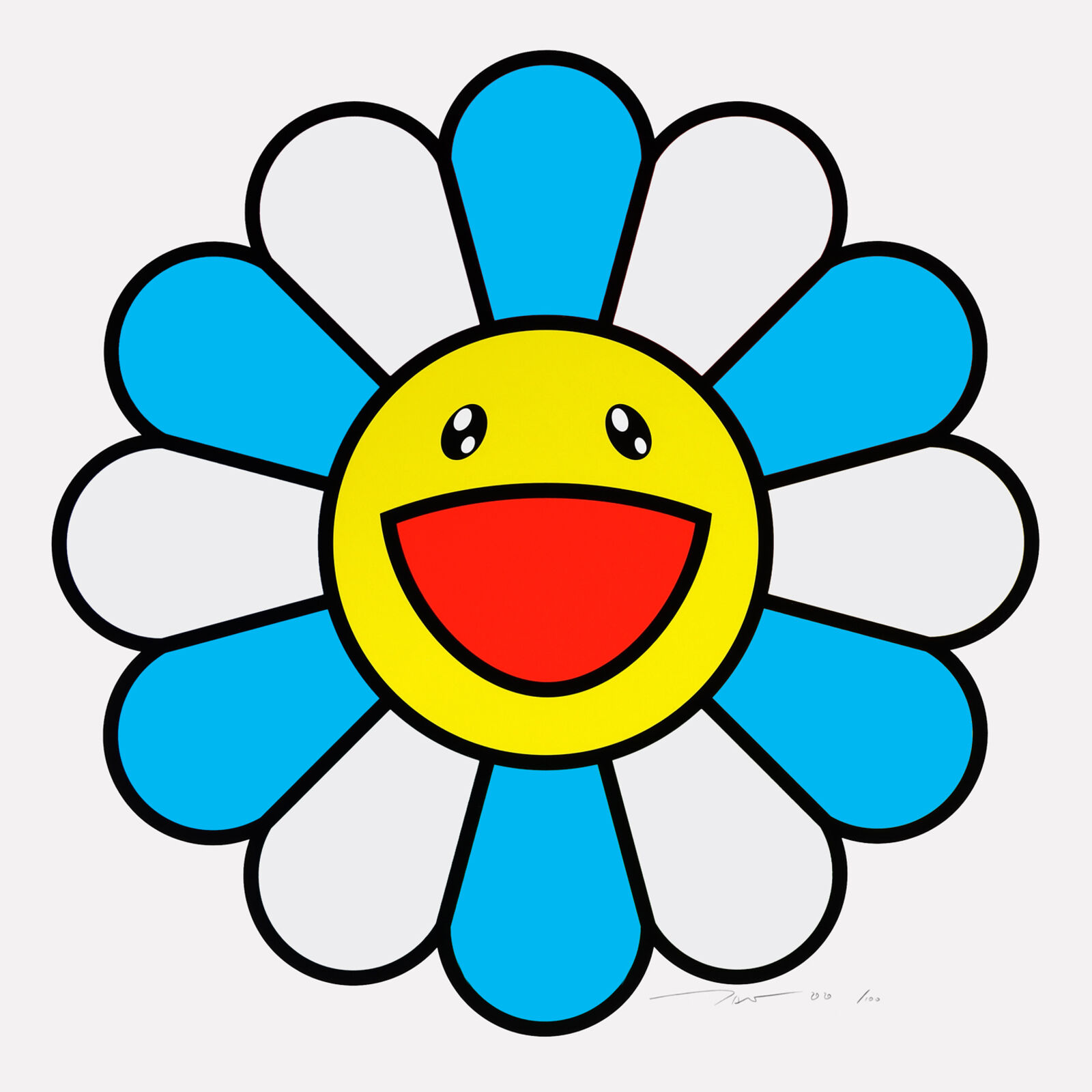 A blue and white flower with a smiley face.