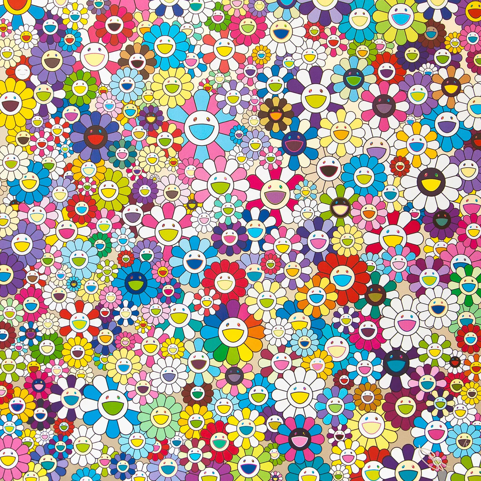 A large group of colorful flowers with smiley faces on them.