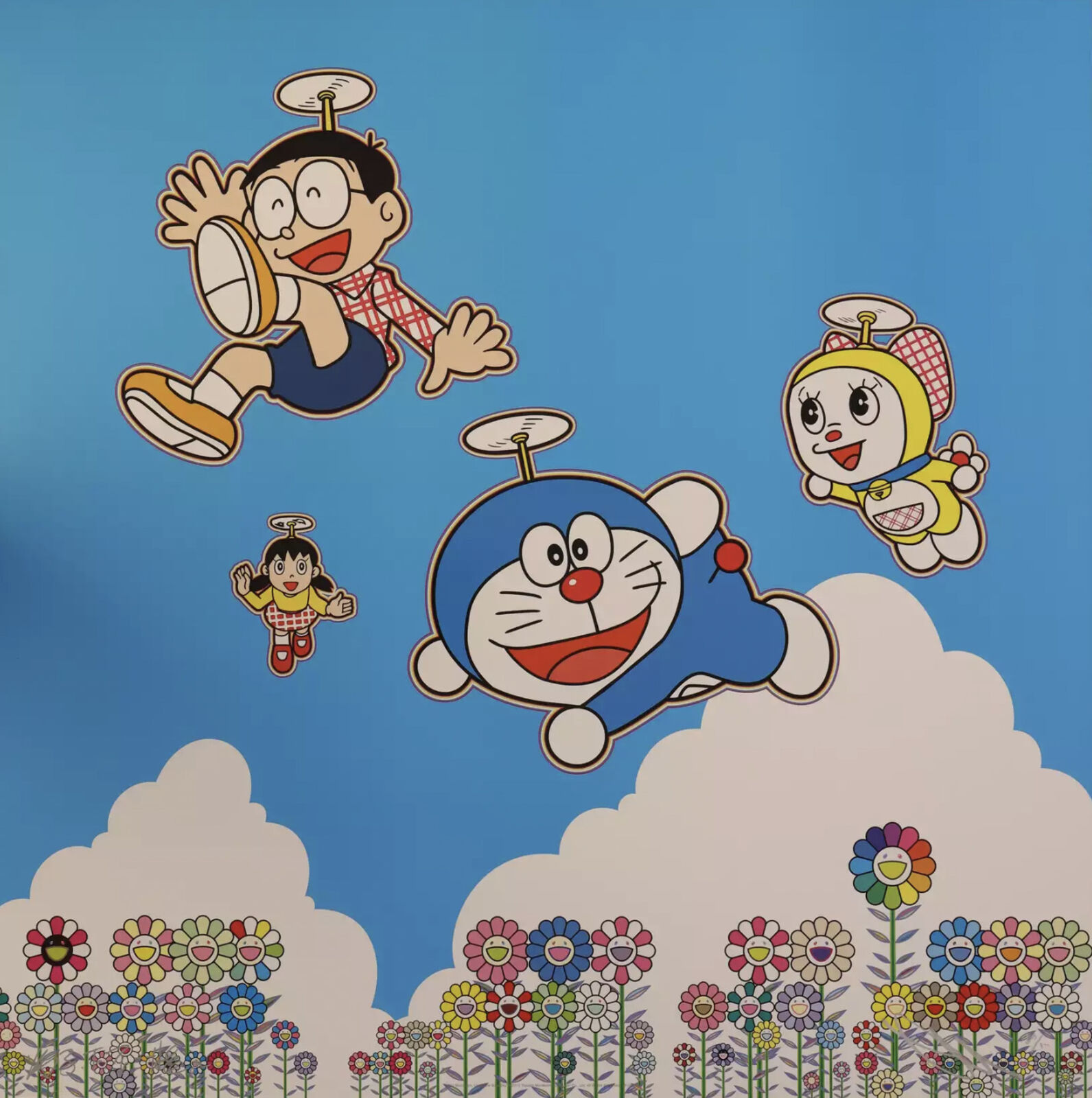 A group of cartoon characters flying through the sky with flowers.