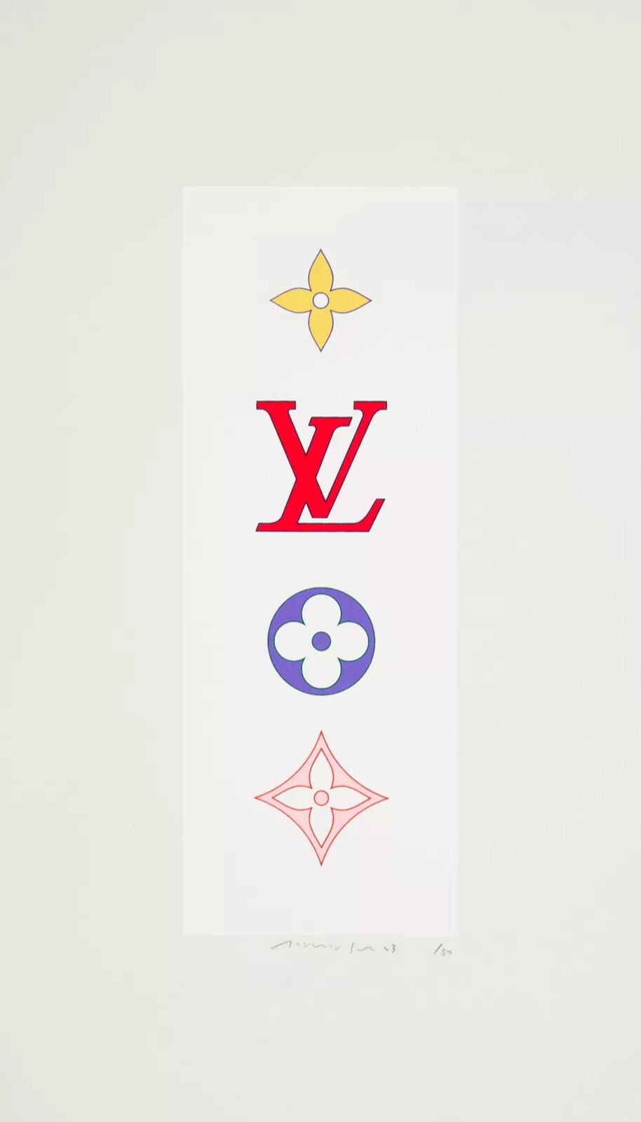 A white poster with a Louis Vuitton logo on it.