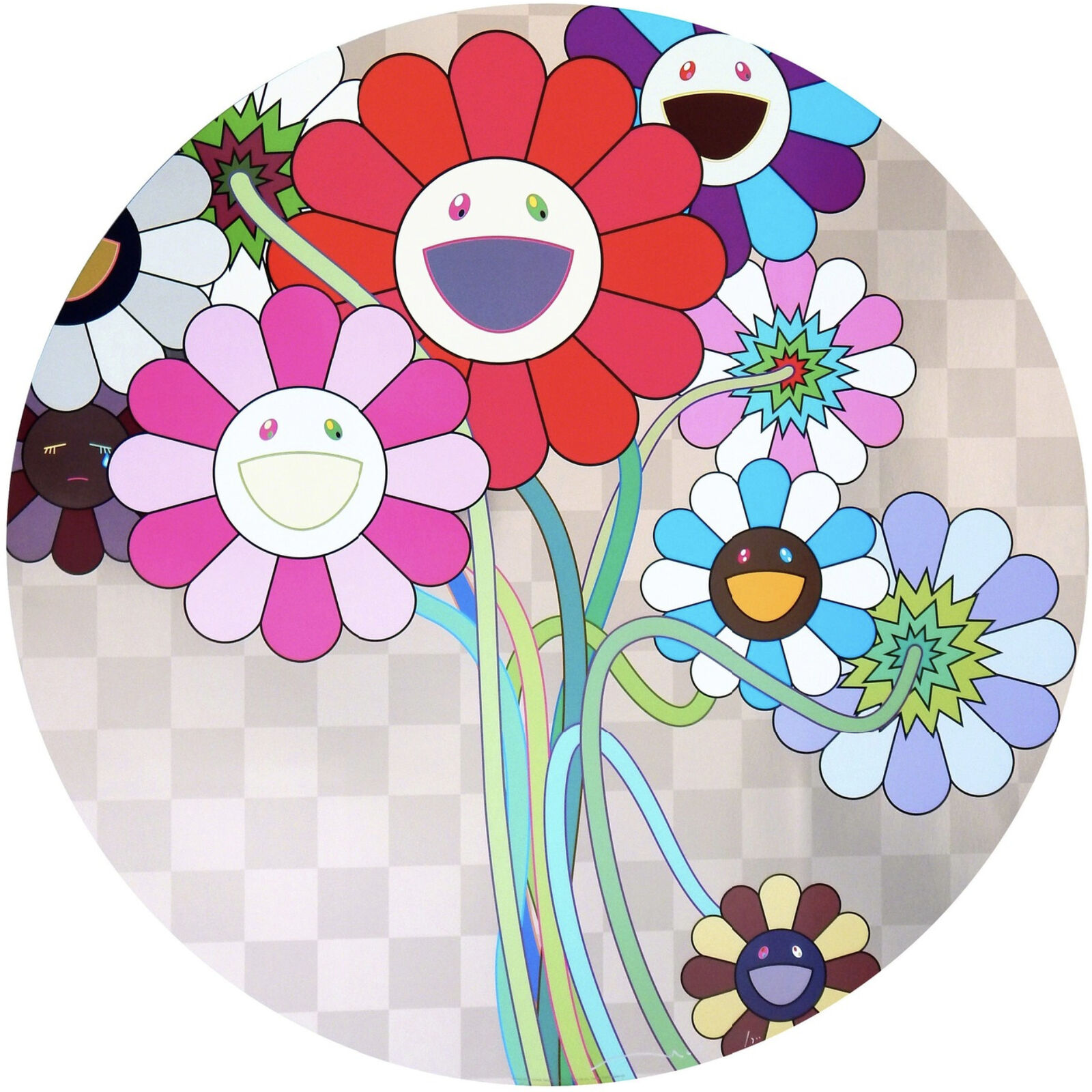 A bunch of colorful flowers with smiley faces on them.